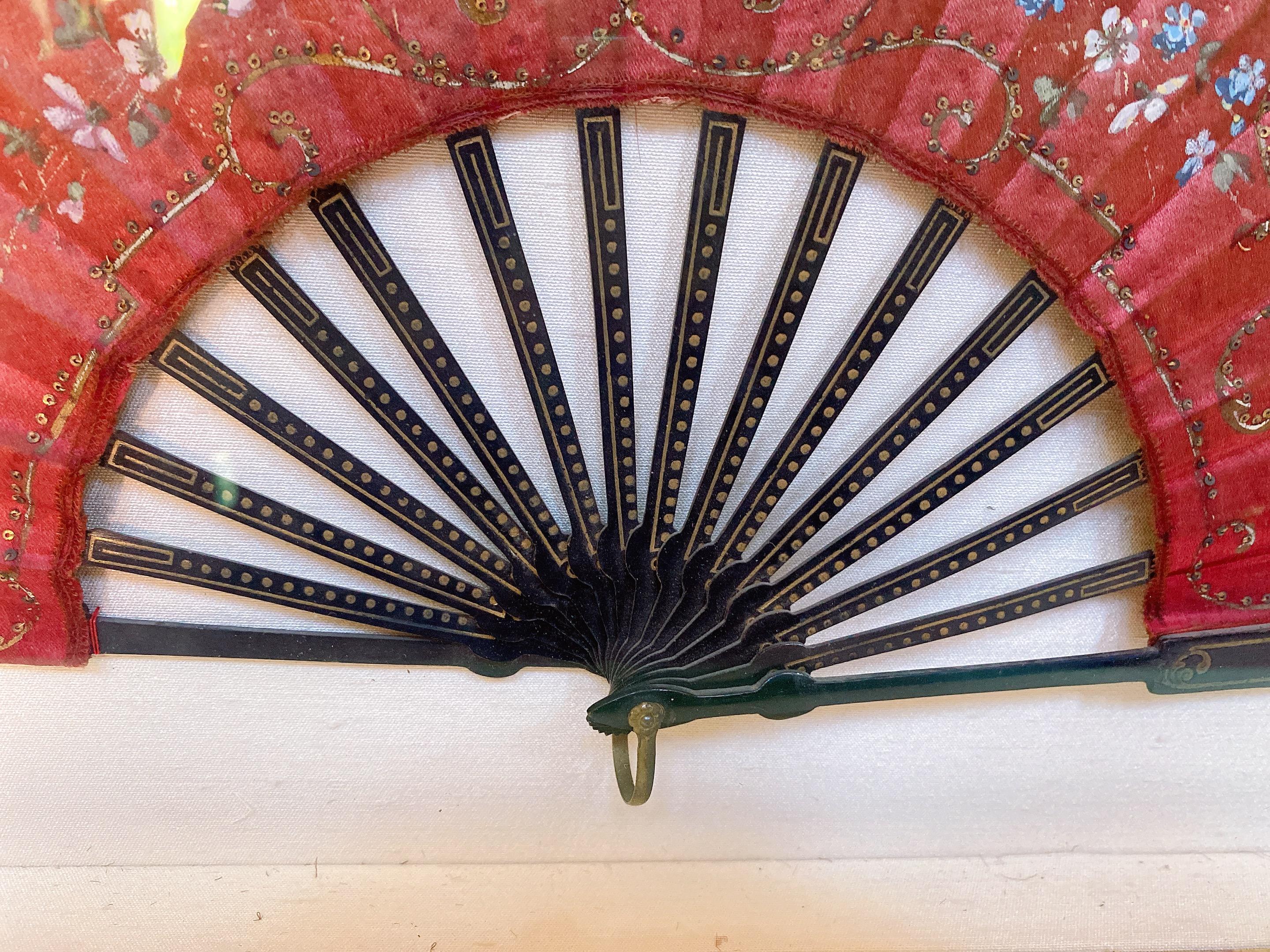 Hand-Carved Antique A Silk Lacquer Chinese Fan with Shadow Box For Sale