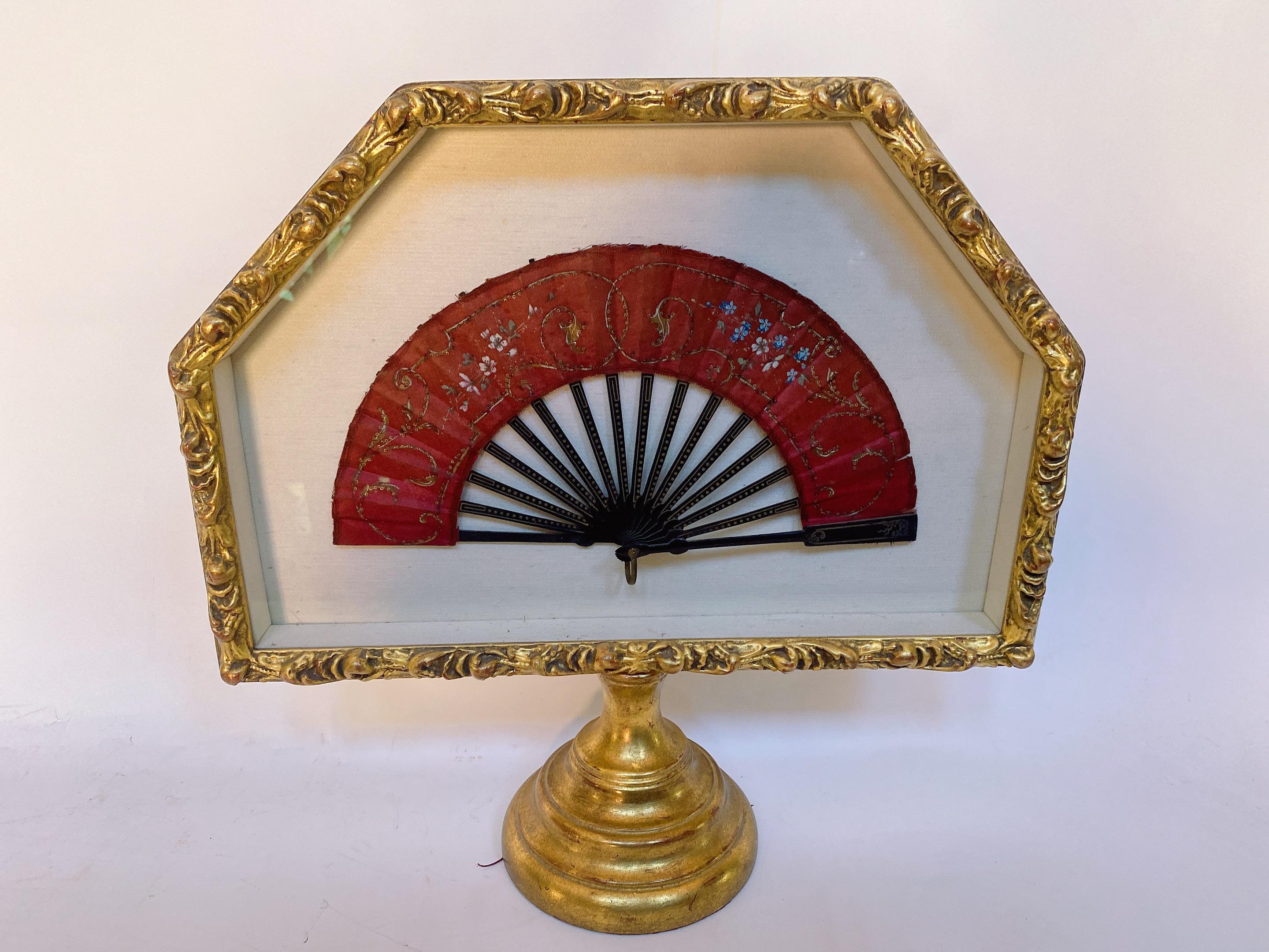 Antique A Silk Lacquer Chinese Fan with Shadow Box In Fair Condition For Sale In Brea, CA