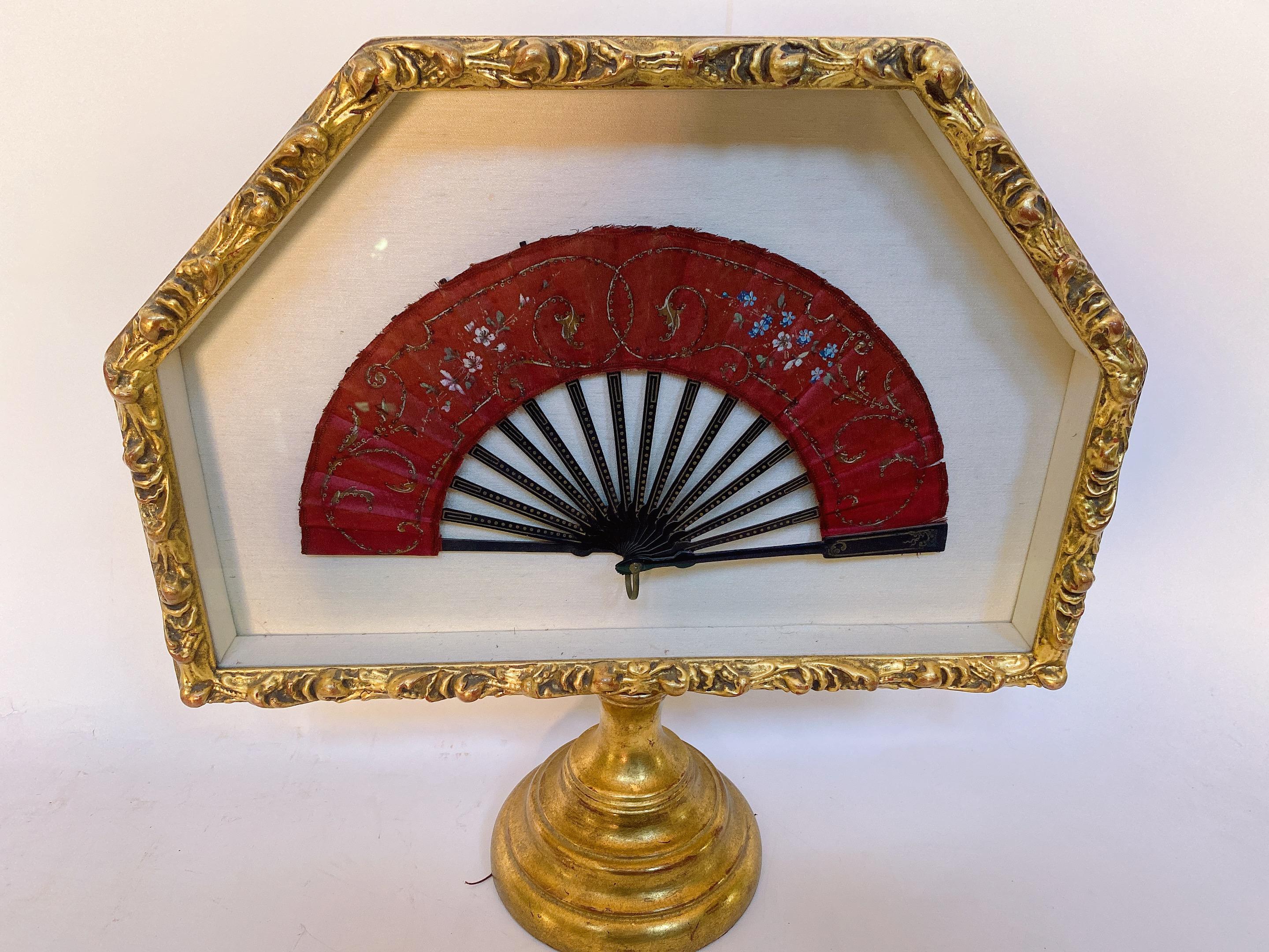 19th Century Antique A Silk Lacquer Chinese Fan with Shadow Box For Sale