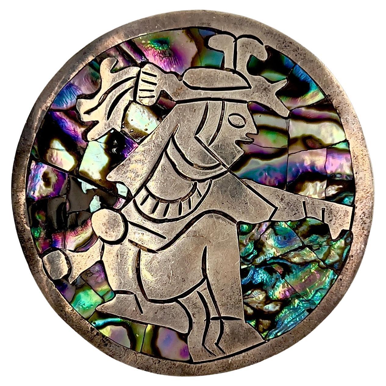 Antique Abalone & Silver Aztec Pendant/Brooch Natural Stone  For Sale