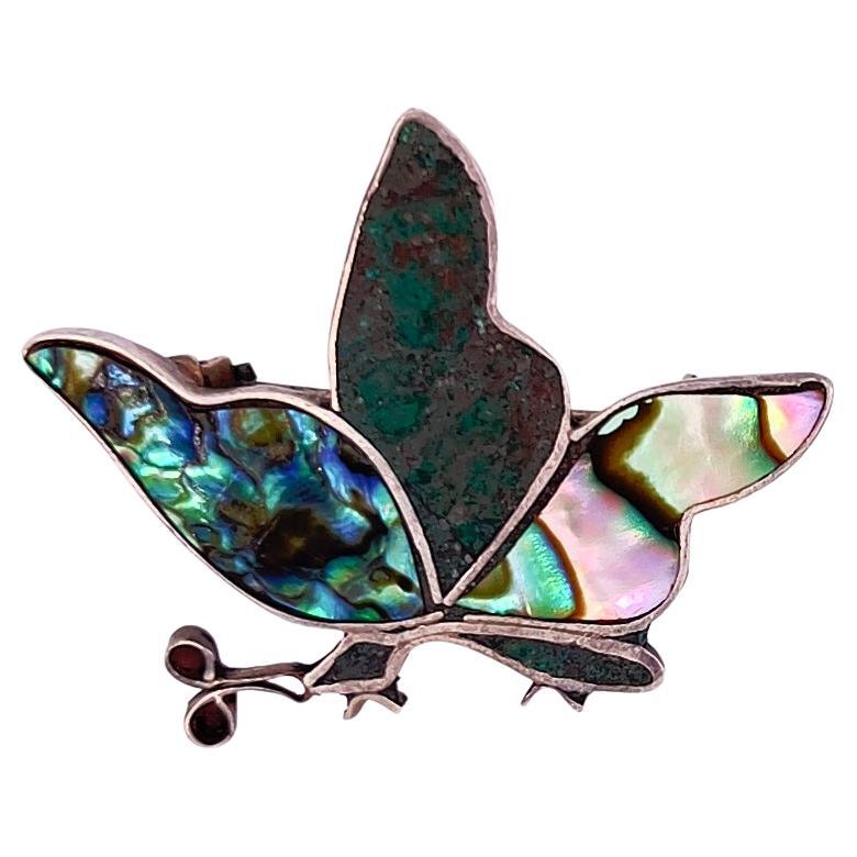 Antique Abalone & Silver Butterfly Brooch / Pin Natural Stone  For Sale