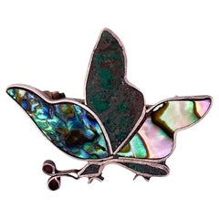 Antique Abalone & Silver Butterfly Brooch / Pin Natural Stone 