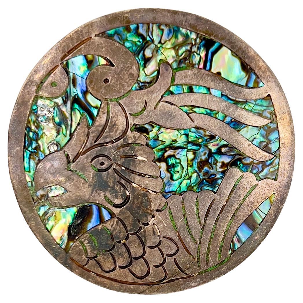 Antique Abalone & Silver Eagle Pendant/Brooch Natural Stone 