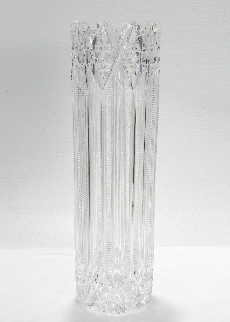 Victorian Antique ABP J. Hoare Plume or Hindoo Pattern Cut Glass Cylindrical Vase