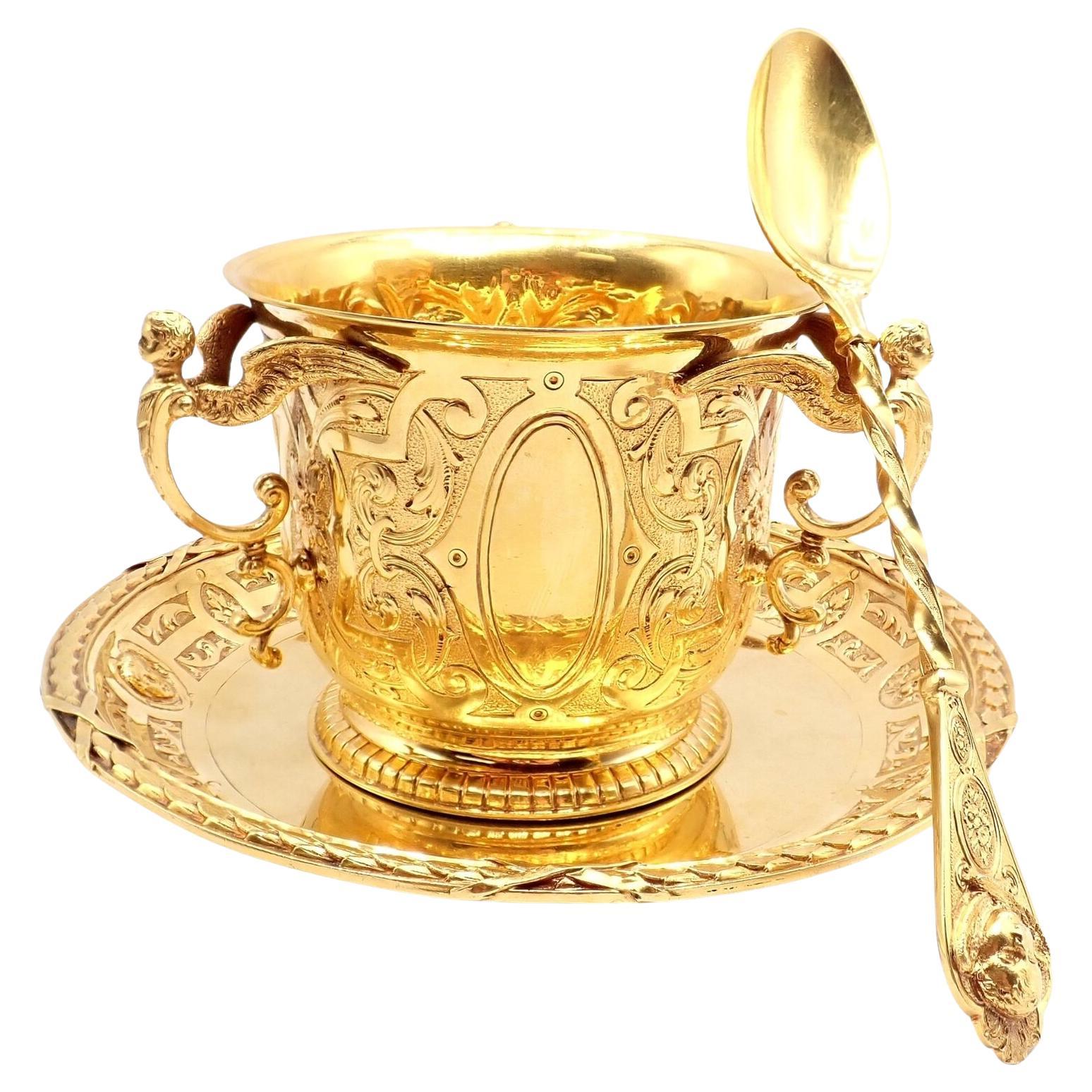 Antique Abraham Portal Sugar Bowl Dish Spoon Set Solid Yellow Gold circa 1779 en vente