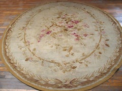 1890s Ivory Floral Antique Aubusson Rug 8'8''x11'0'' Oval Wool Handwoven Carpet