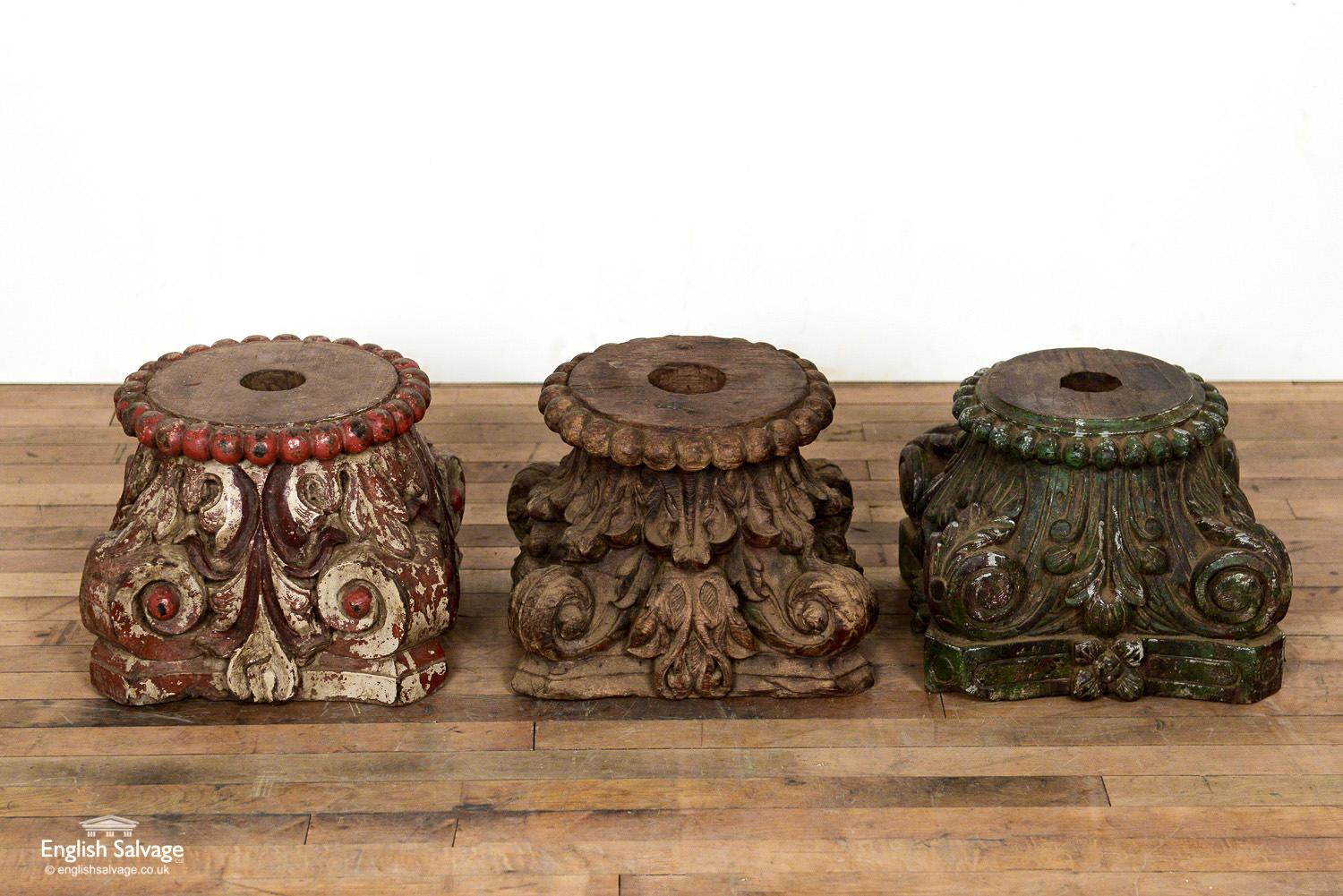 Very ornately carved acanthus scroll teak pillar bases. Red one measures: 36cm x 29cm x 24cm. Green one measures: 36cm x 28cm x 35cm. Non painted one measures: 37cm x 27cm 35cm.