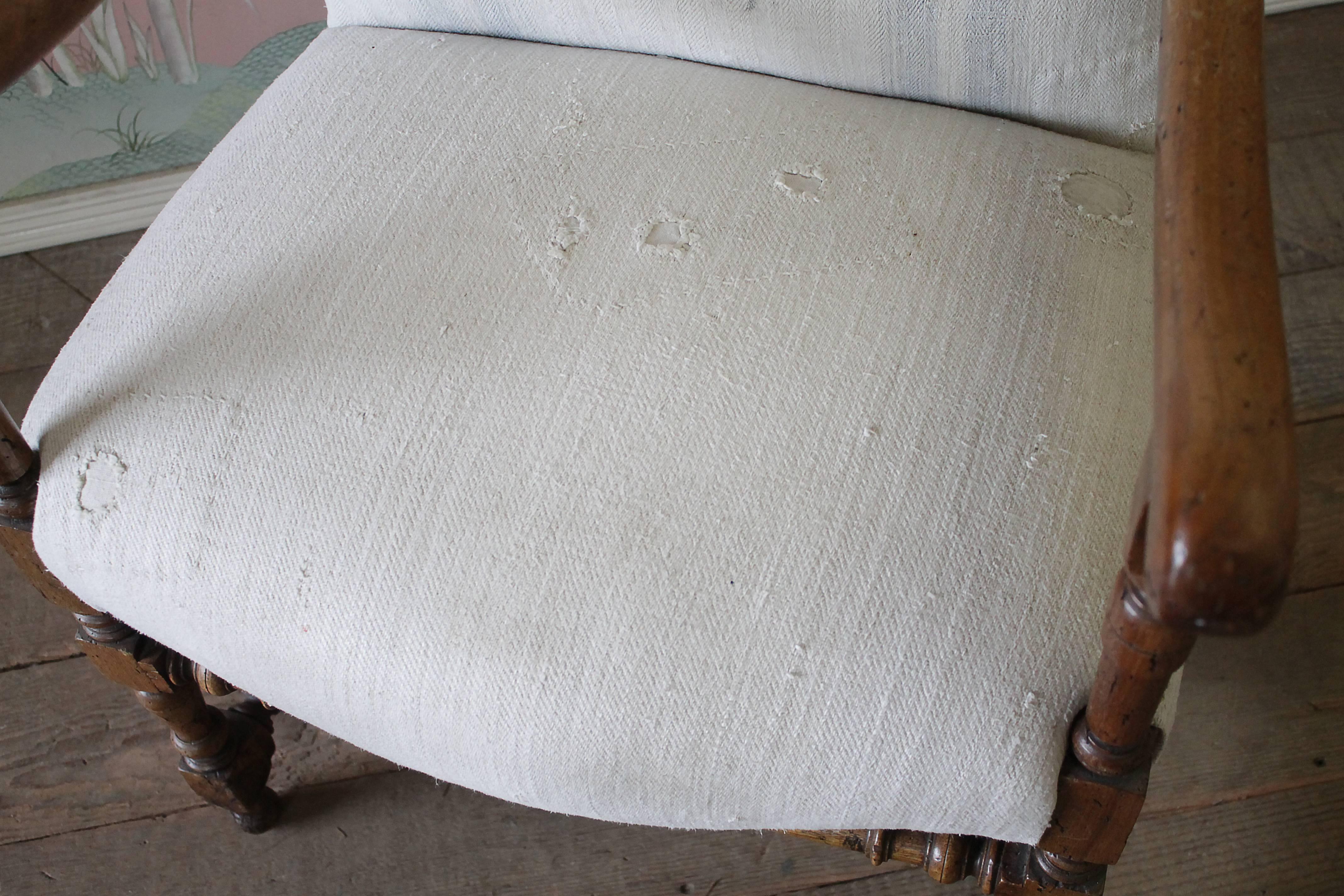 Linen Antique Accent Chair Upholstered in Antique Swedish Grainsack