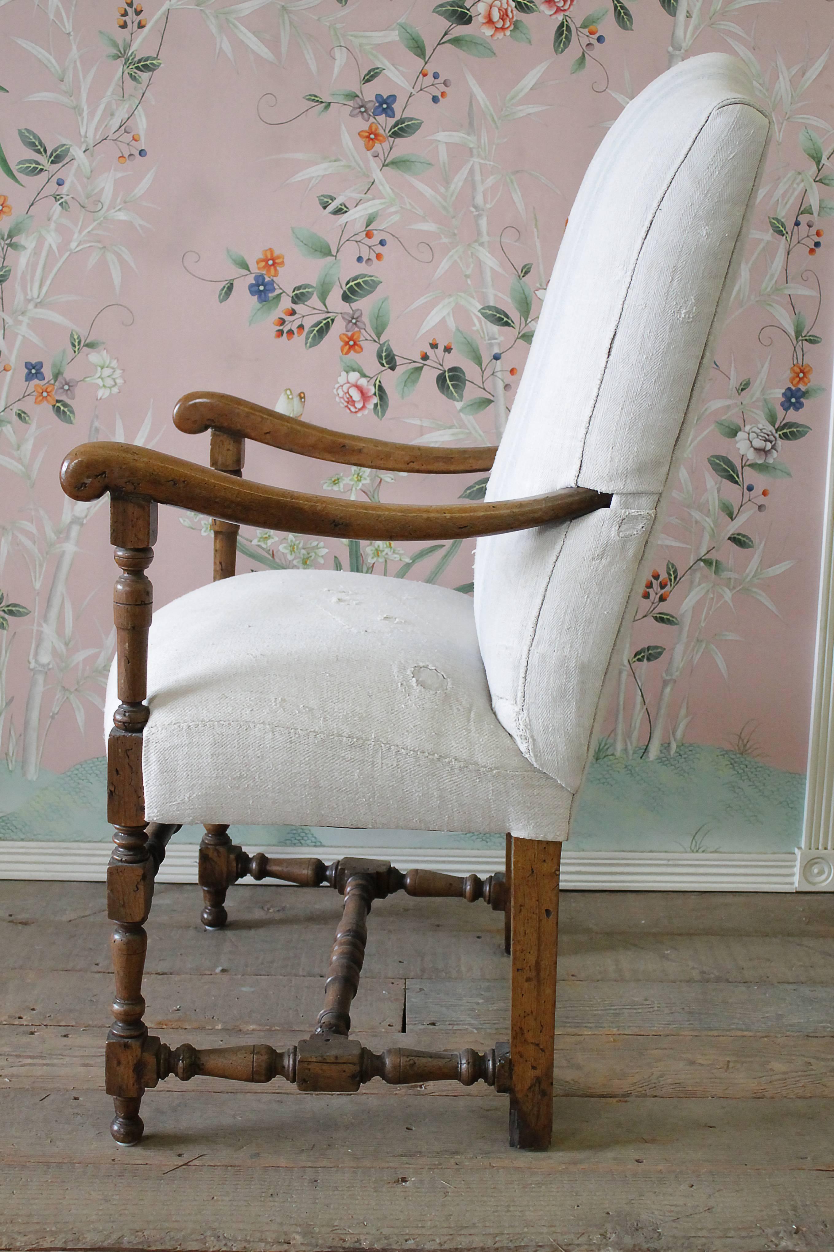 Italian Antique Accent Chair Upholstered in Antique Swedish Grainsack