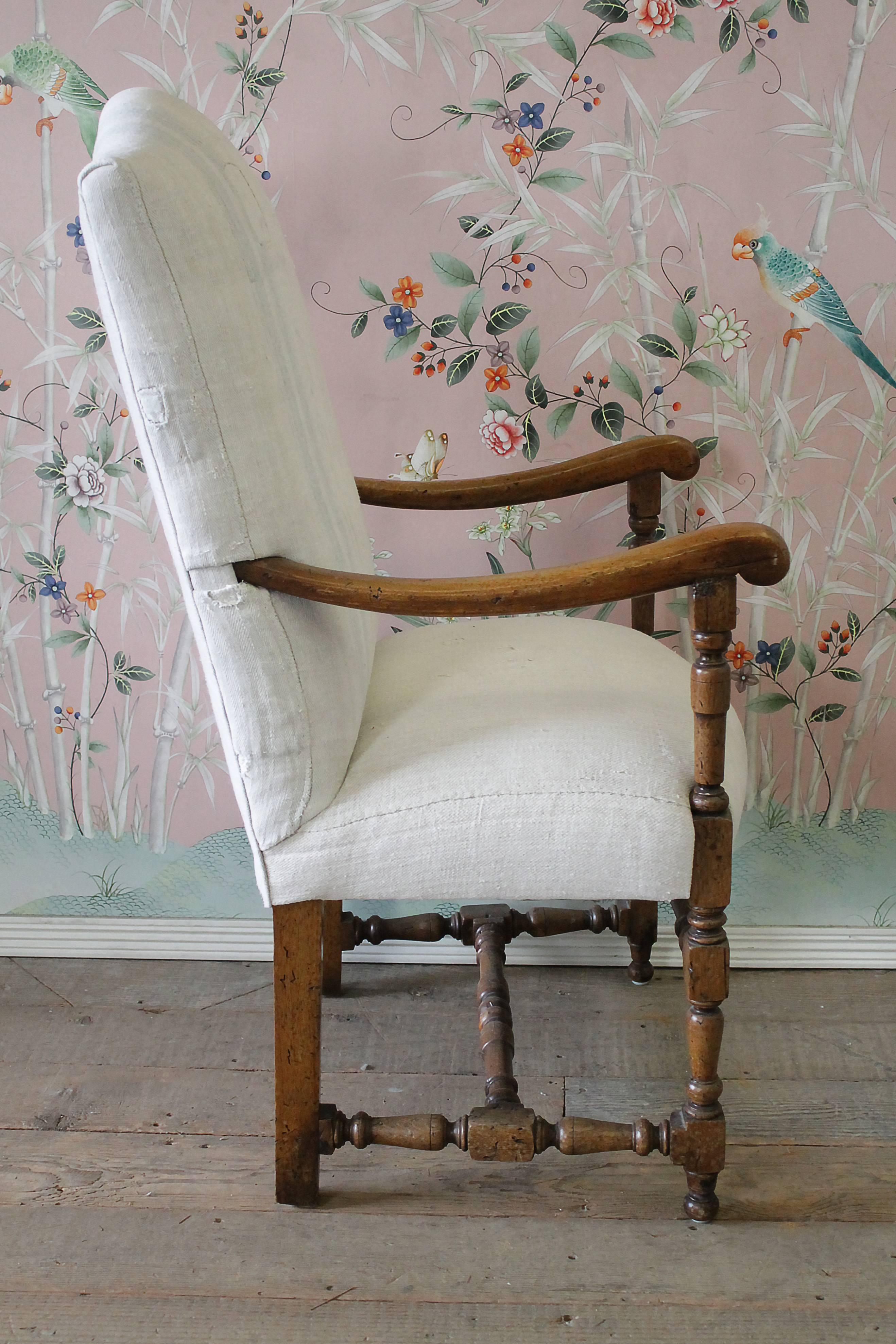 Antique Accent Chair Upholstered in Antique Swedish Grainsack In Good Condition In Brea, CA