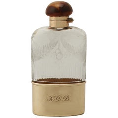 Antique Acid Etched Cut Glass and Yellow Gold Hip Flask