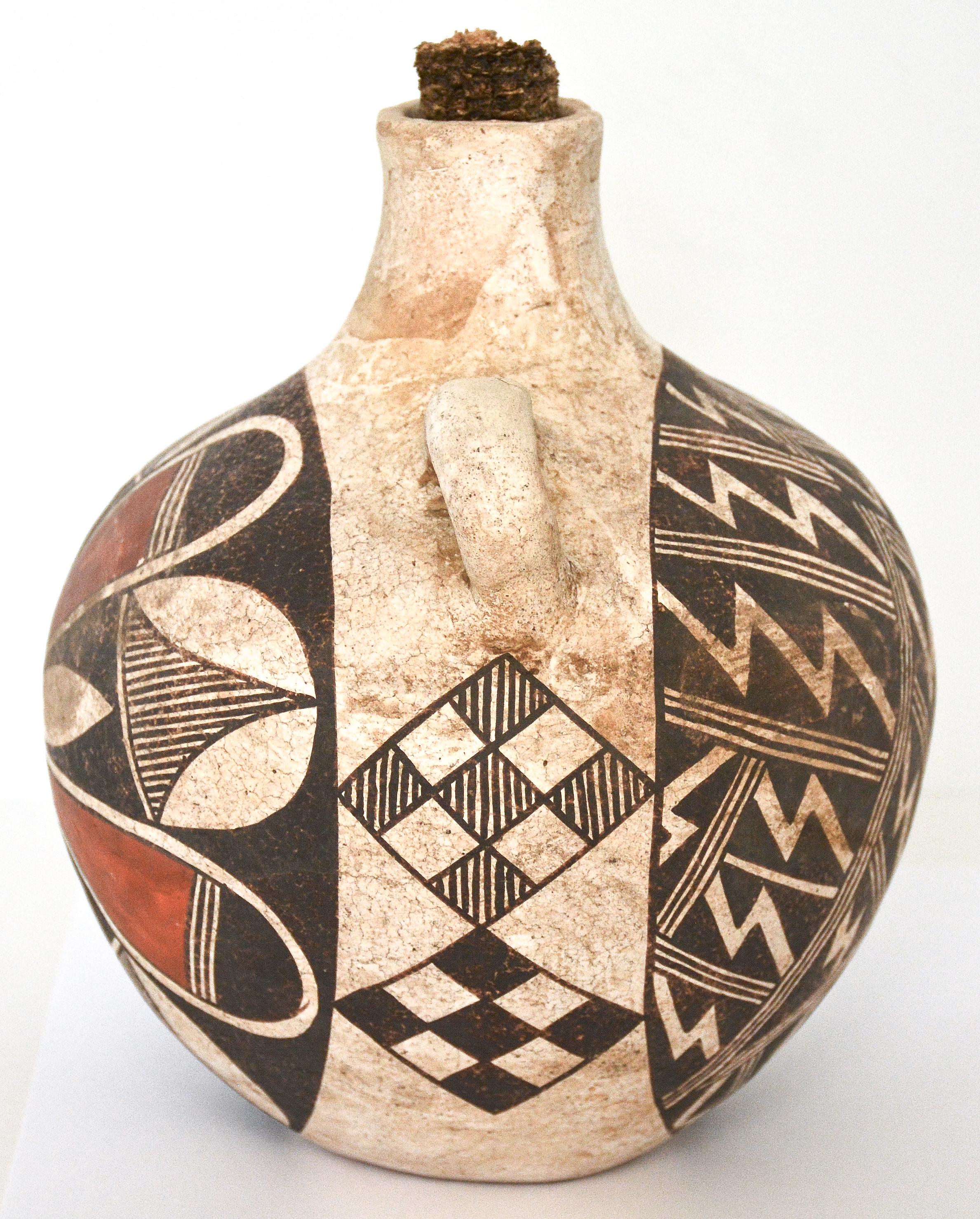 Native American Antique Acoma Pueblo Polychrome Pottery Canteen, 1920 For Sale