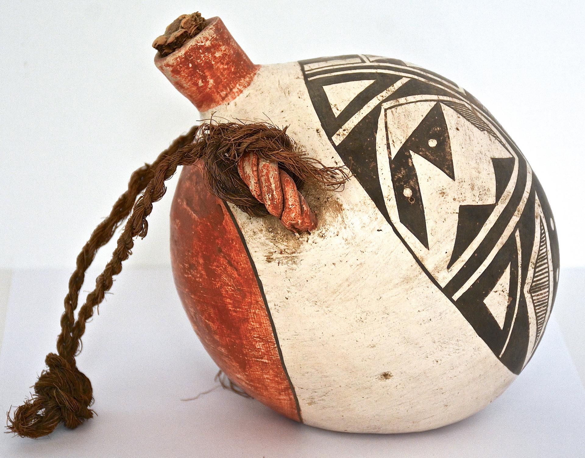 Native American Antique Acoma Pueblo Polychrome Pottery Water Canteen, 1900 For Sale