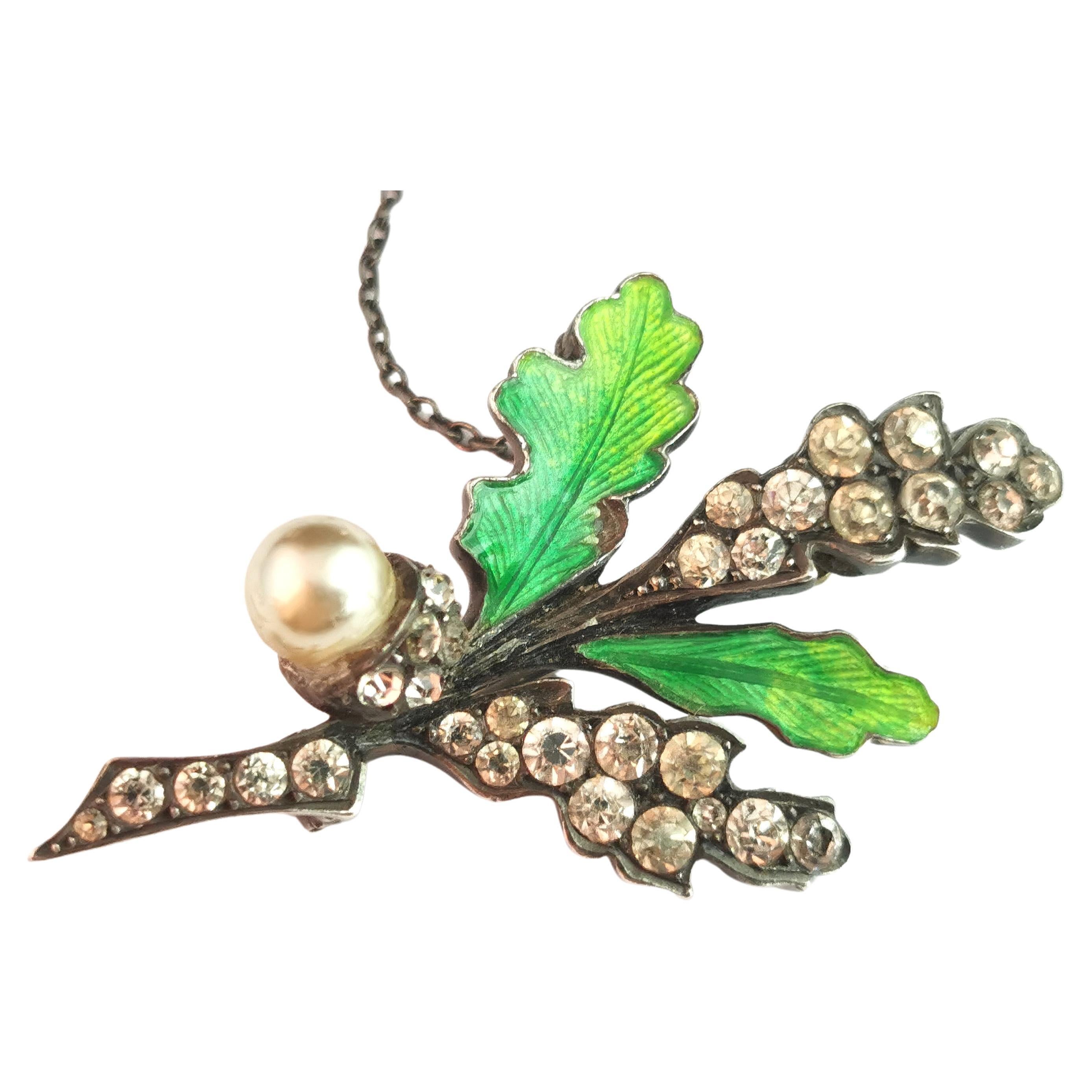 Antique Acorn and Oak Leaf Brooch, Sterling Silver, Enamel and Paste
