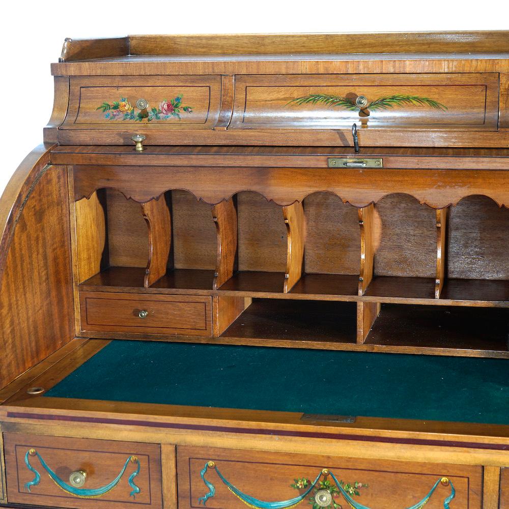 Antiker Adam-Zylinder-Schreibtisch aus verziertem Seidenholz für Damen, um 1900 im Angebot 1