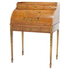 Antique Adam Decorated Satinwood Ladies Cylinder Desk, Circa 1900