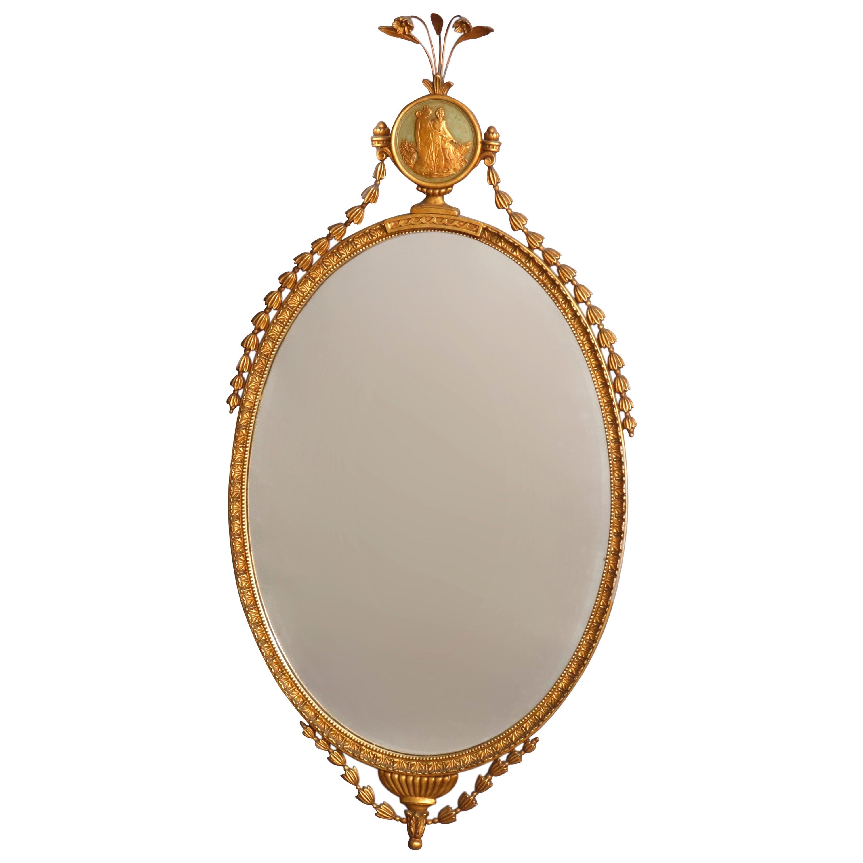 Antique Adam Style Polychromed Giltwood Wall Mirror with Figural Medallion