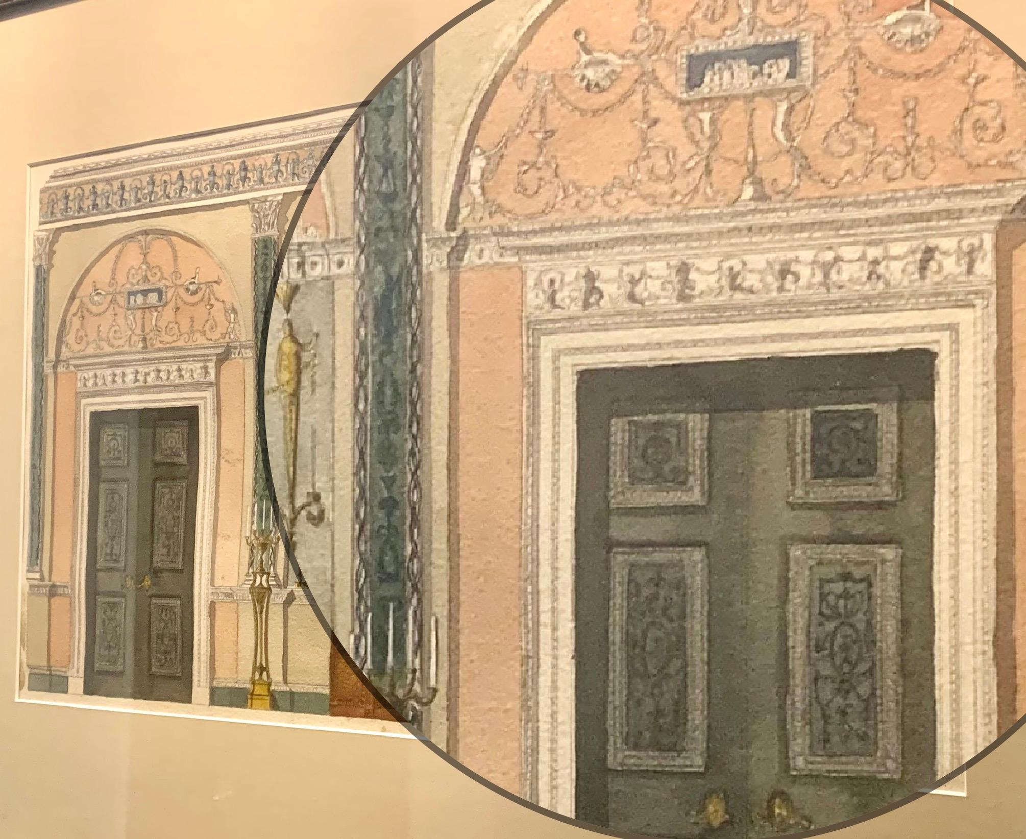 Fine Antique English Watercolor Painting, Adam Style Palace Interior Rendering In Good Condition For Sale In New York, NY