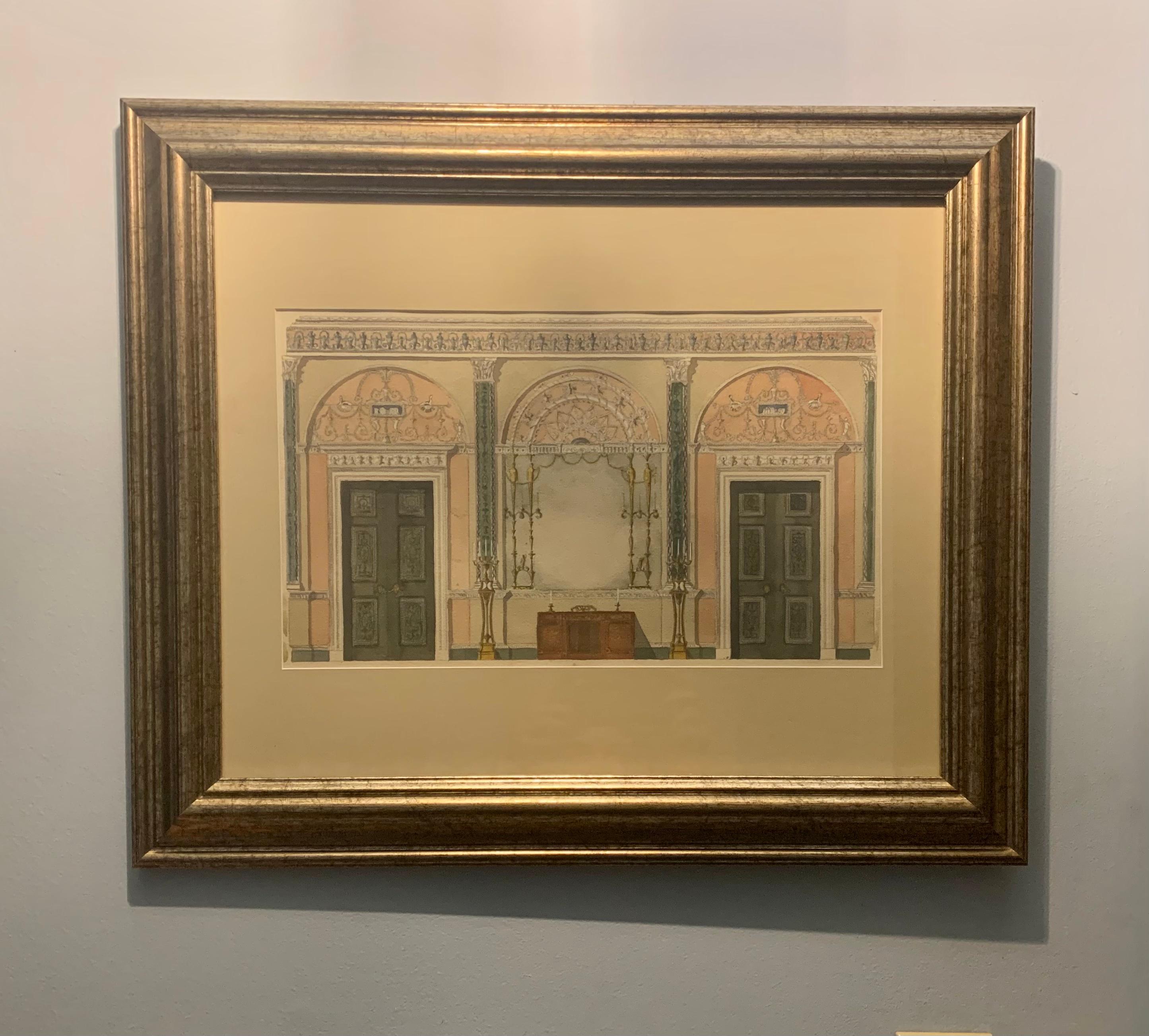 XIXe siècle Belle peinture anglaise ancienne à l'aquarelle, rendu de l'intérieur d'un palais de style Adam en vente
