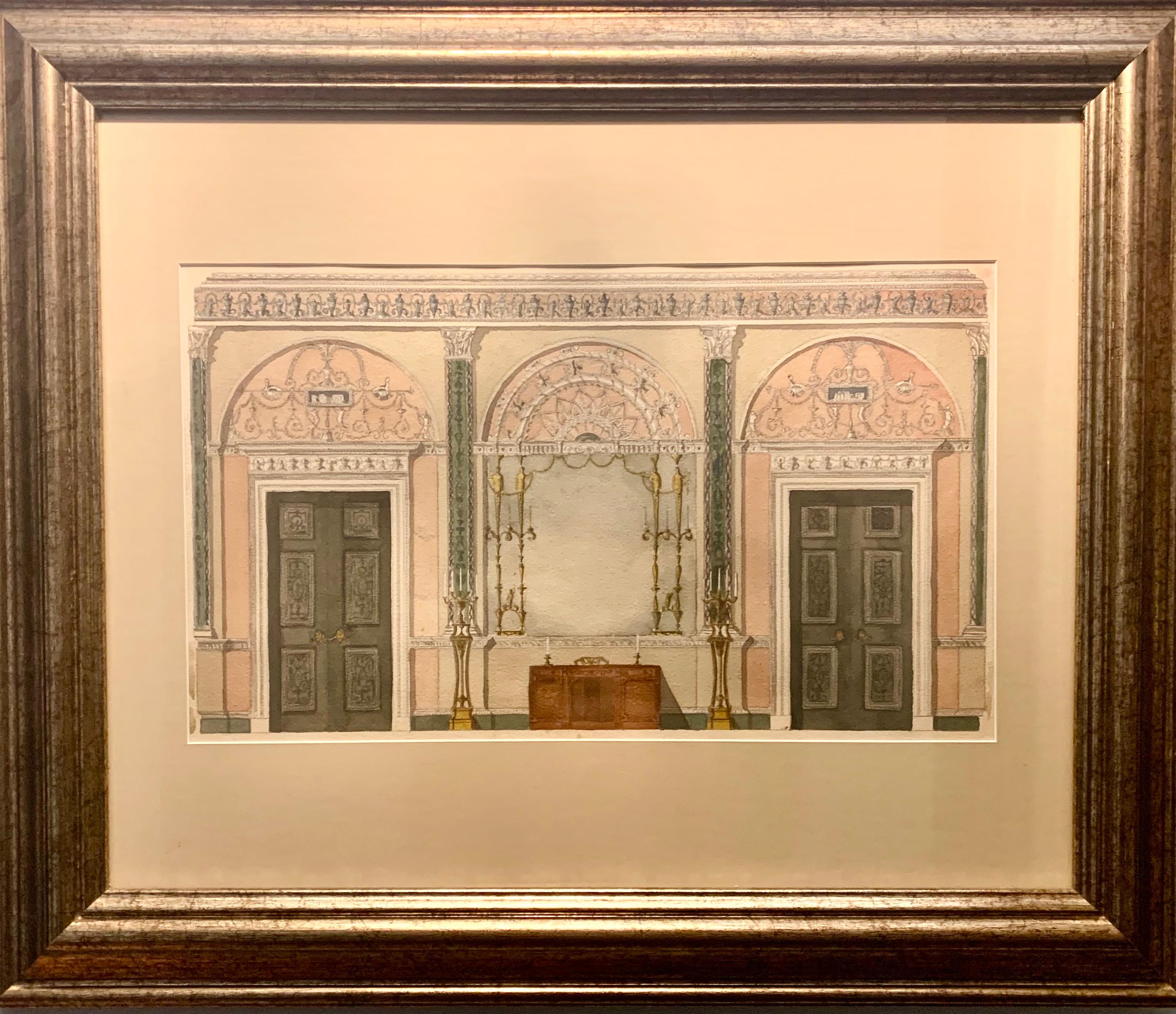 Papier Belle peinture anglaise ancienne à l'aquarelle, rendu de l'intérieur d'un palais de style Adam en vente