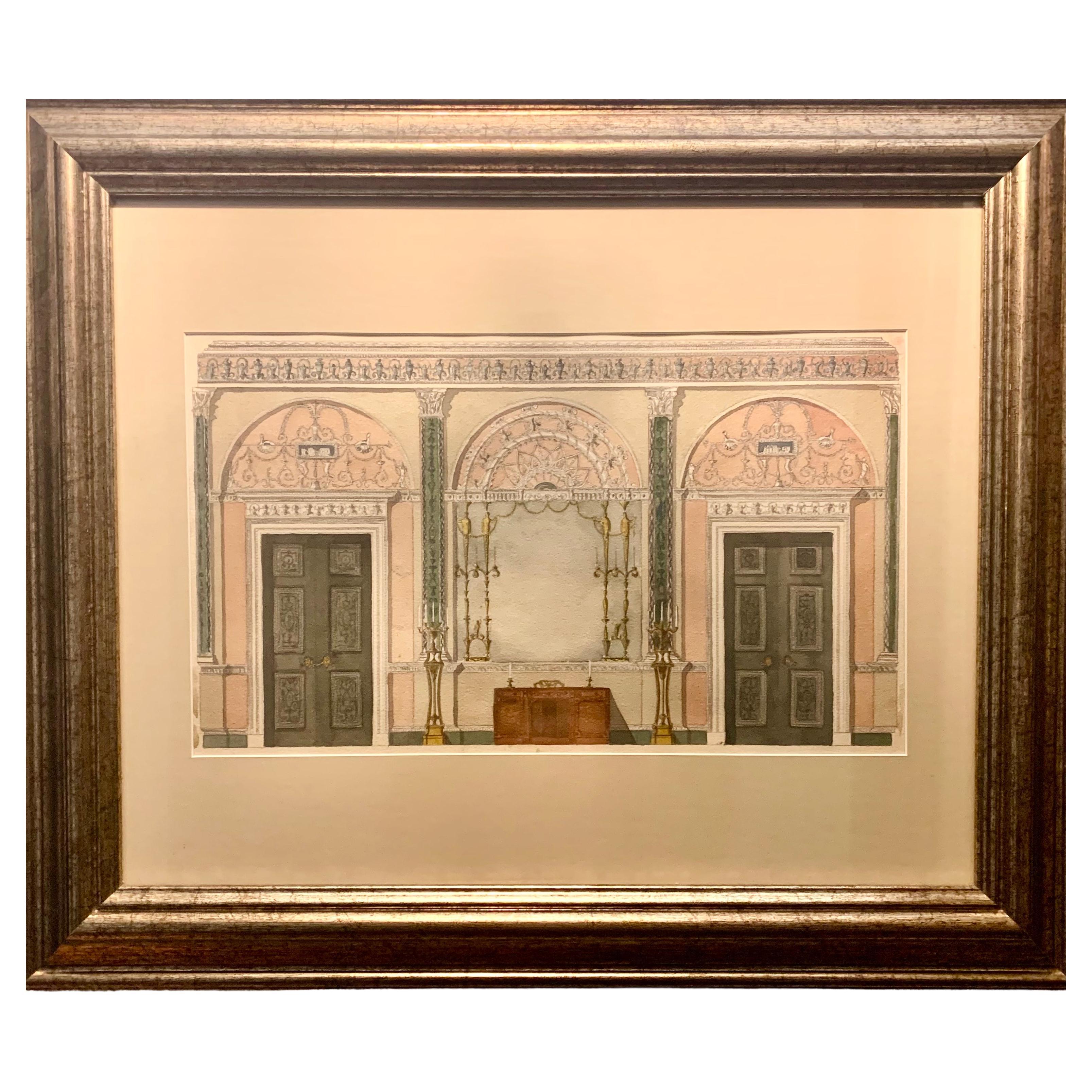 Belle peinture anglaise ancienne à l'aquarelle, rendu de l'intérieur d'un palais de style Adam en vente
