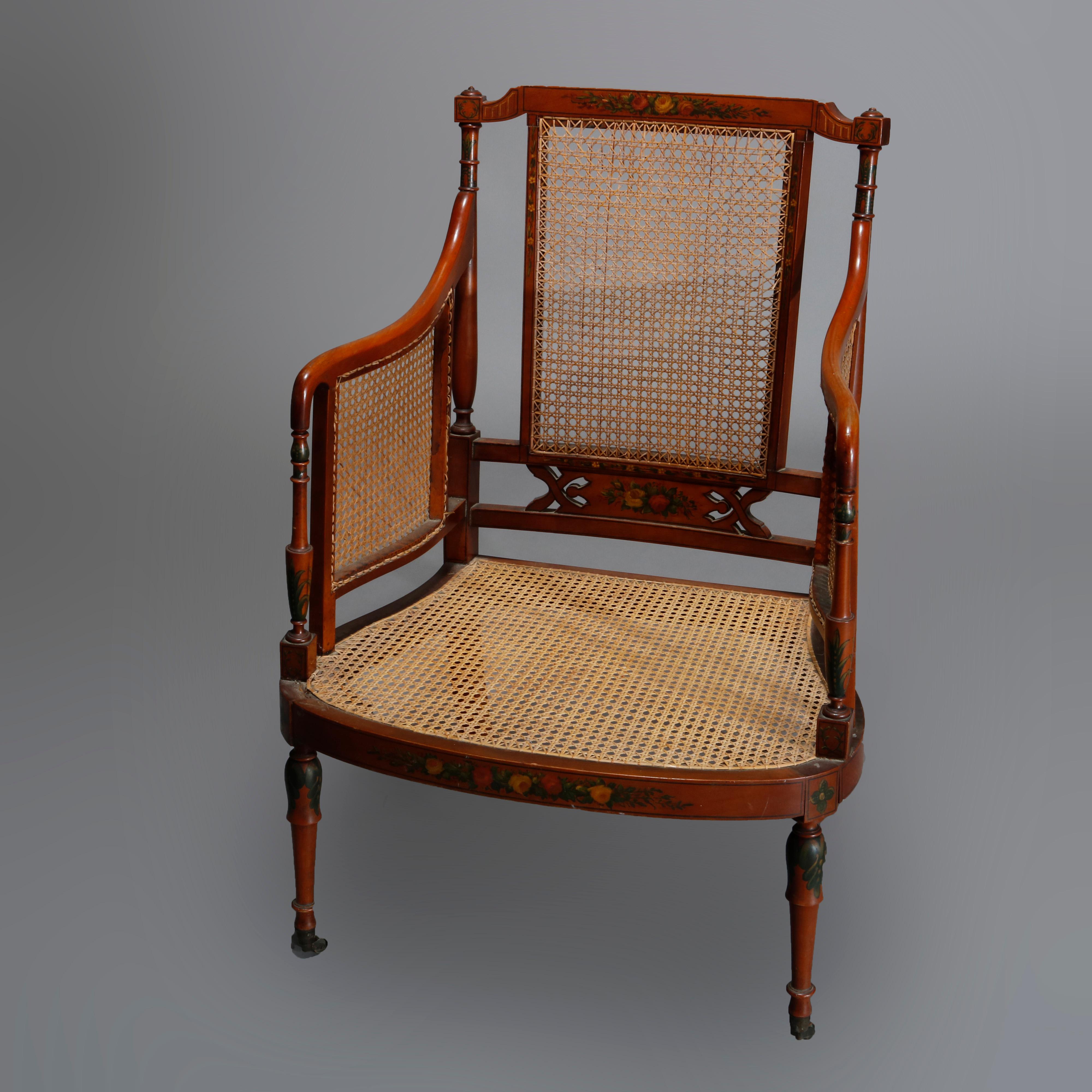 Fauteuil de relaxation ancien Adams en bois de satin et rotin décoré, 20ème siècle en vente 4