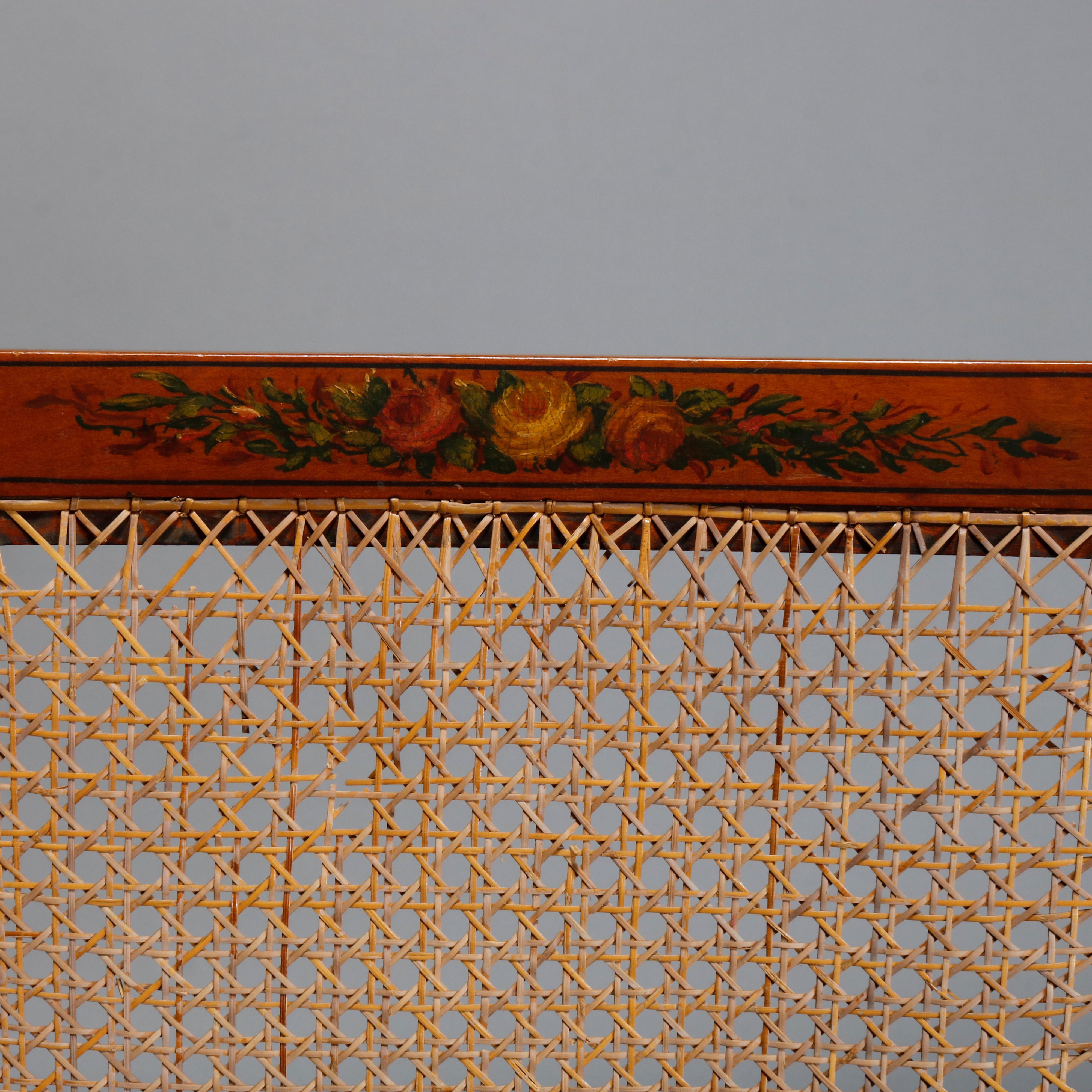 Antiker Loungesessel aus geschnitztem Satinholz mit floralem Adam-Farbdekor, Rückenlehne, Sitz und Armlehnen mit Rohrgeflecht, 20

Maße: 37.25