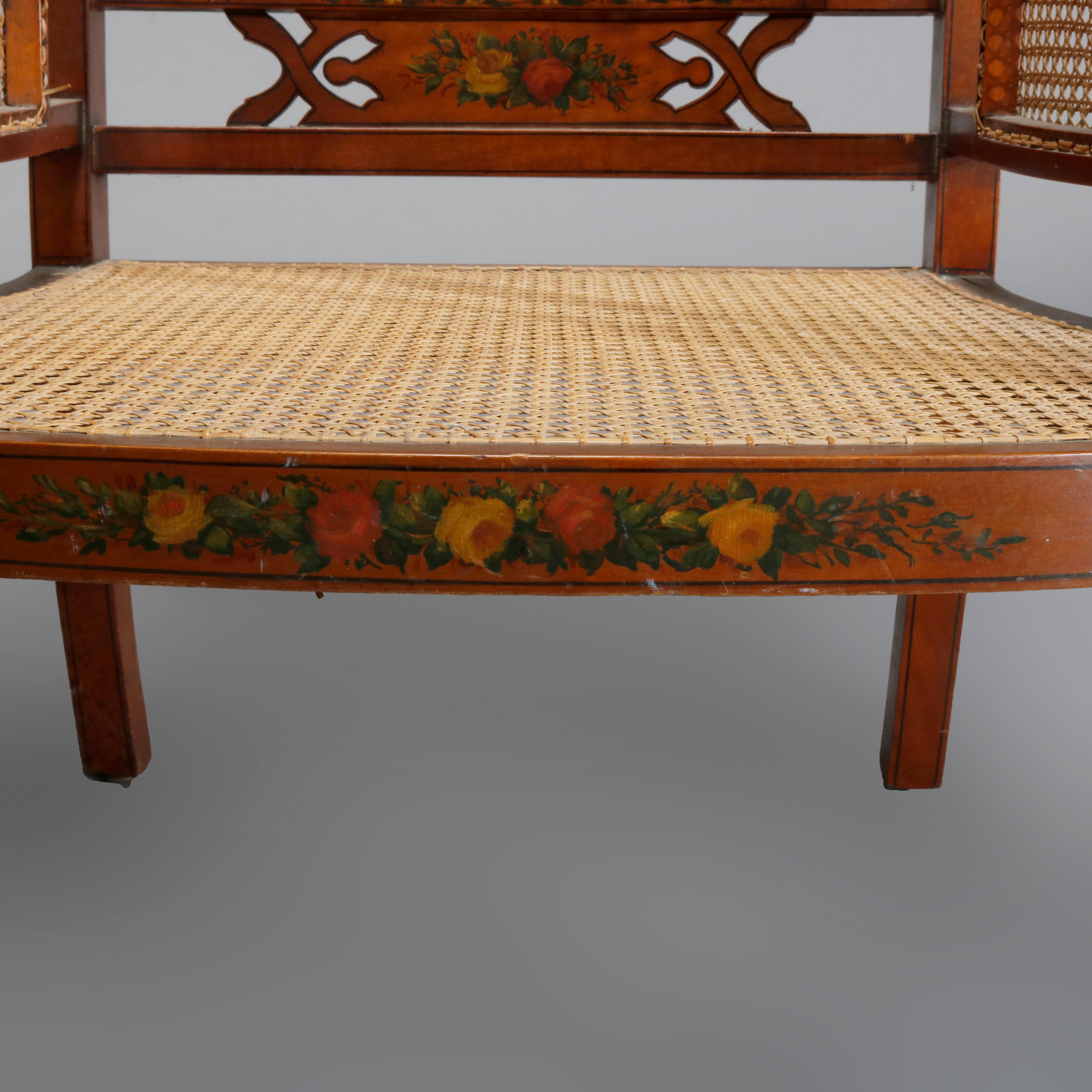 American Antique Adams Decorated Satinwood & Cane Lolling Chair, 20th C For Sale