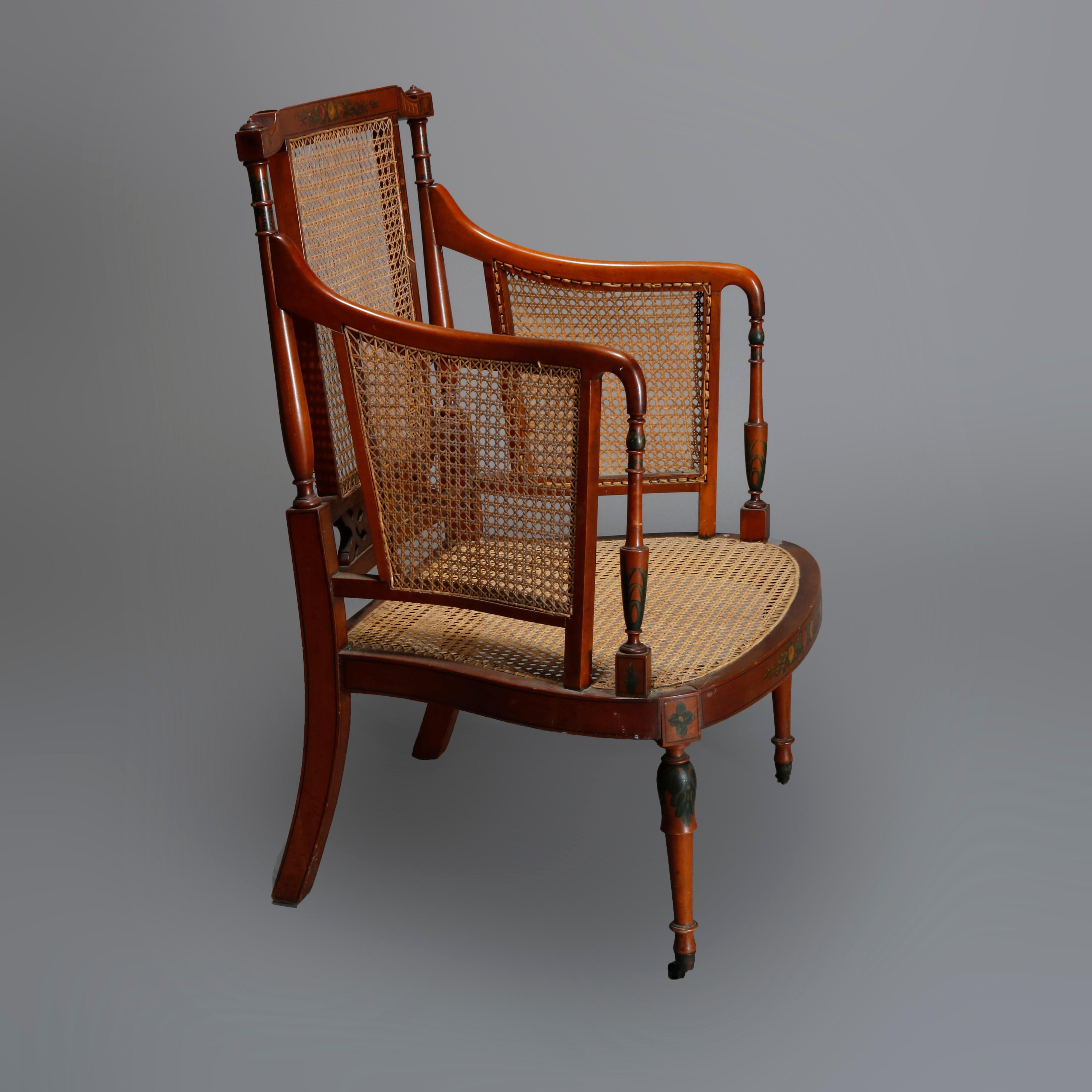 Carved Antique Adams Decorated Satinwood & Cane Lolling Chair, 20th C For Sale