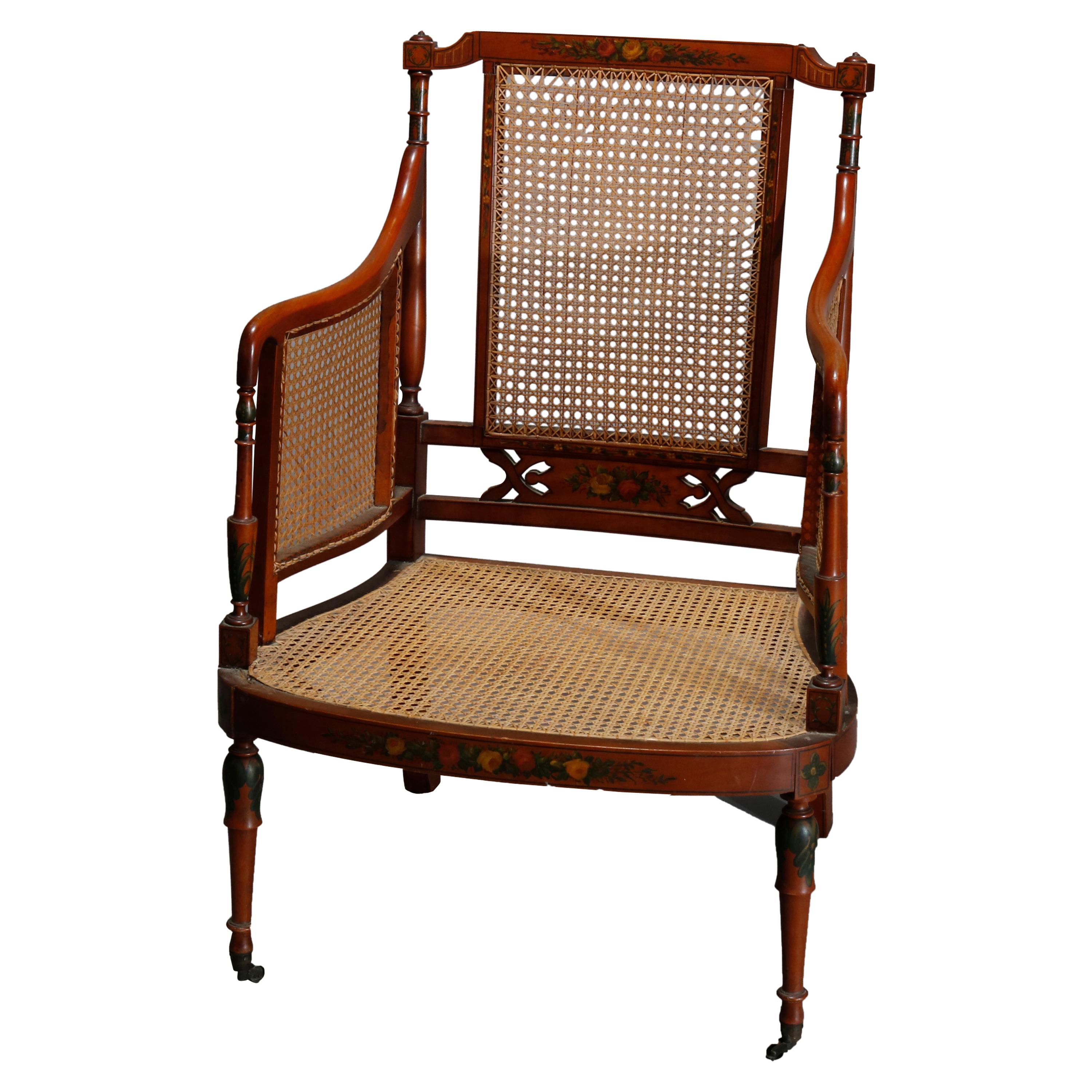 Antique Adams Decorated Satinwood & Cane Lolling Chair, 20th C For Sale