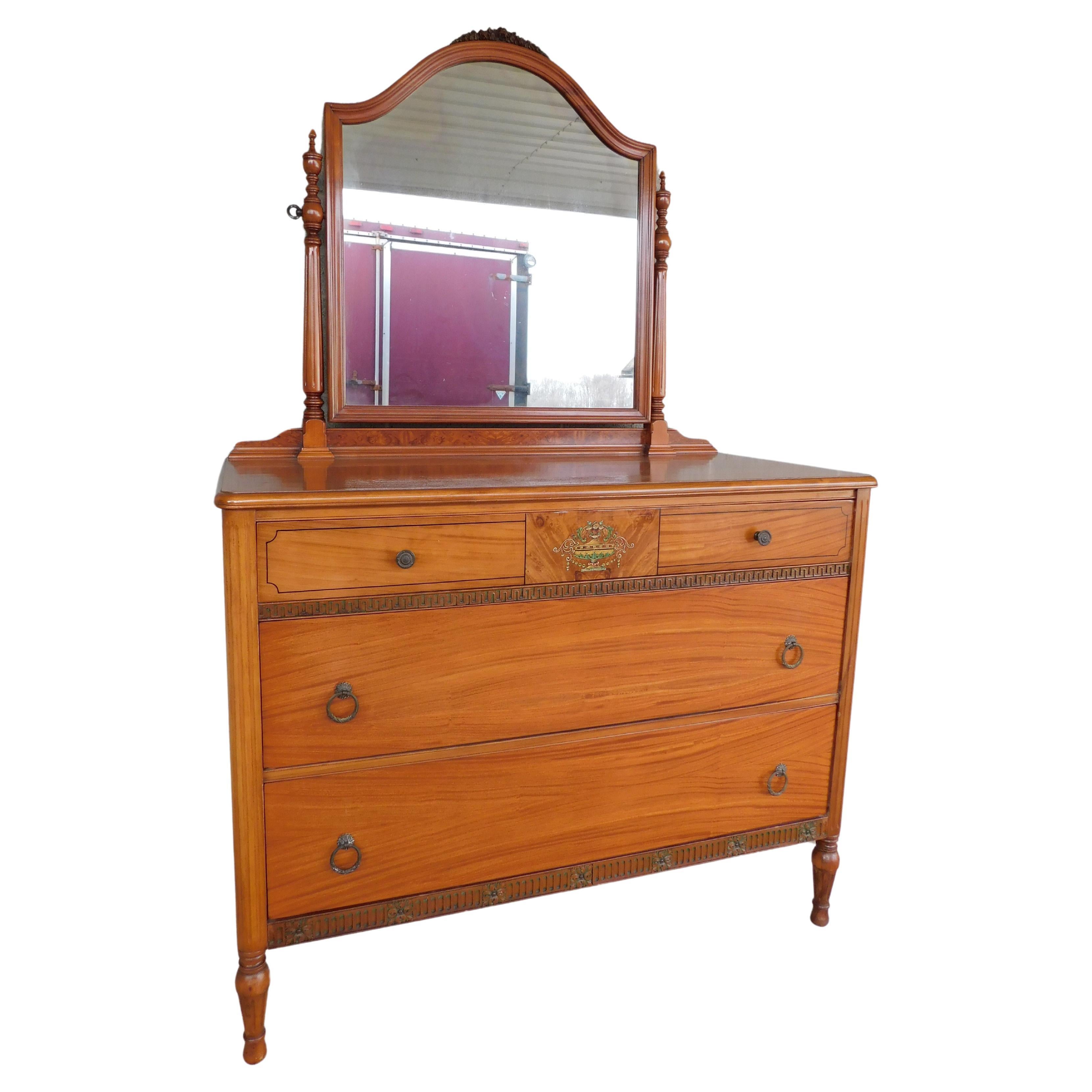 Antique Regency / Adams Style satinwood, satinwood veneers,  with hand painted urn bouquet centers the drawer front on top of a burl walnut veneer inlay
Very good condition, previously refinished., 3 Dovetailed Drawers, with attached mirror