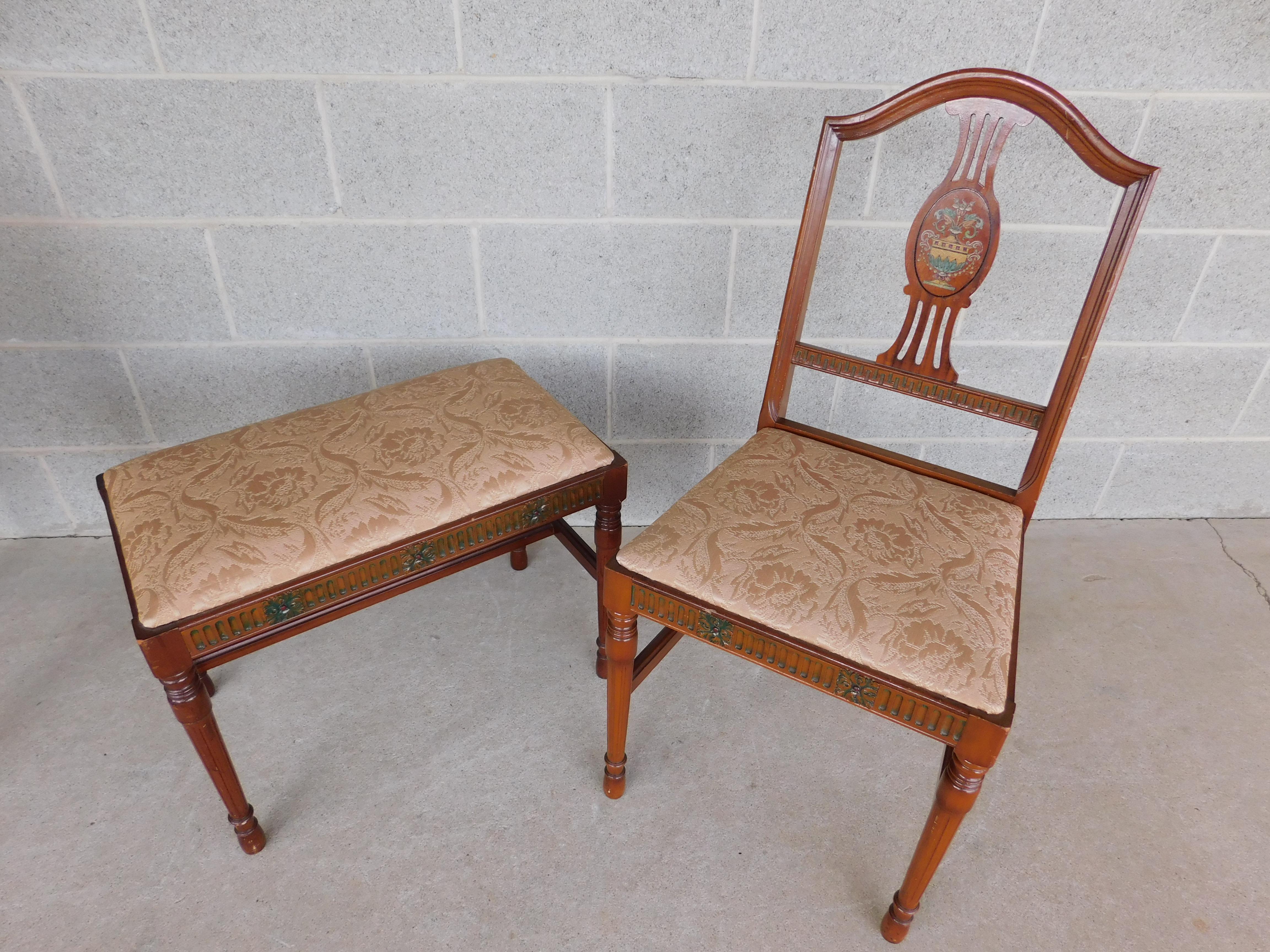 Antique Adams / Regency Style Satinwood Vanity With Chair & Bench 11