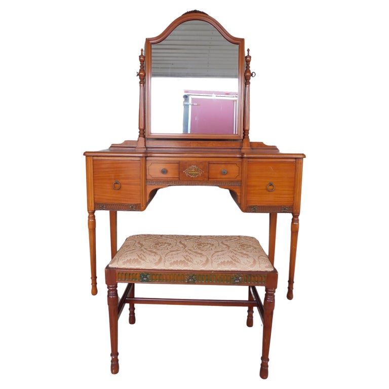 Art Deco 1900s Carved Inlay Makeup Vanity Dressing Table Tri Fold