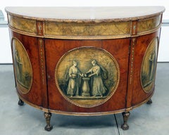 Ancienne commode de buffet demi-lune anglaise des années 1880 peinte et décorée de peinture de style Adams