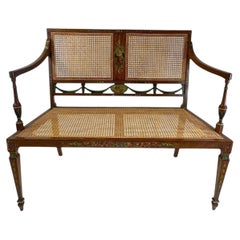 Antique Adam's Style Satinwood Hand-Painted Caned Bench