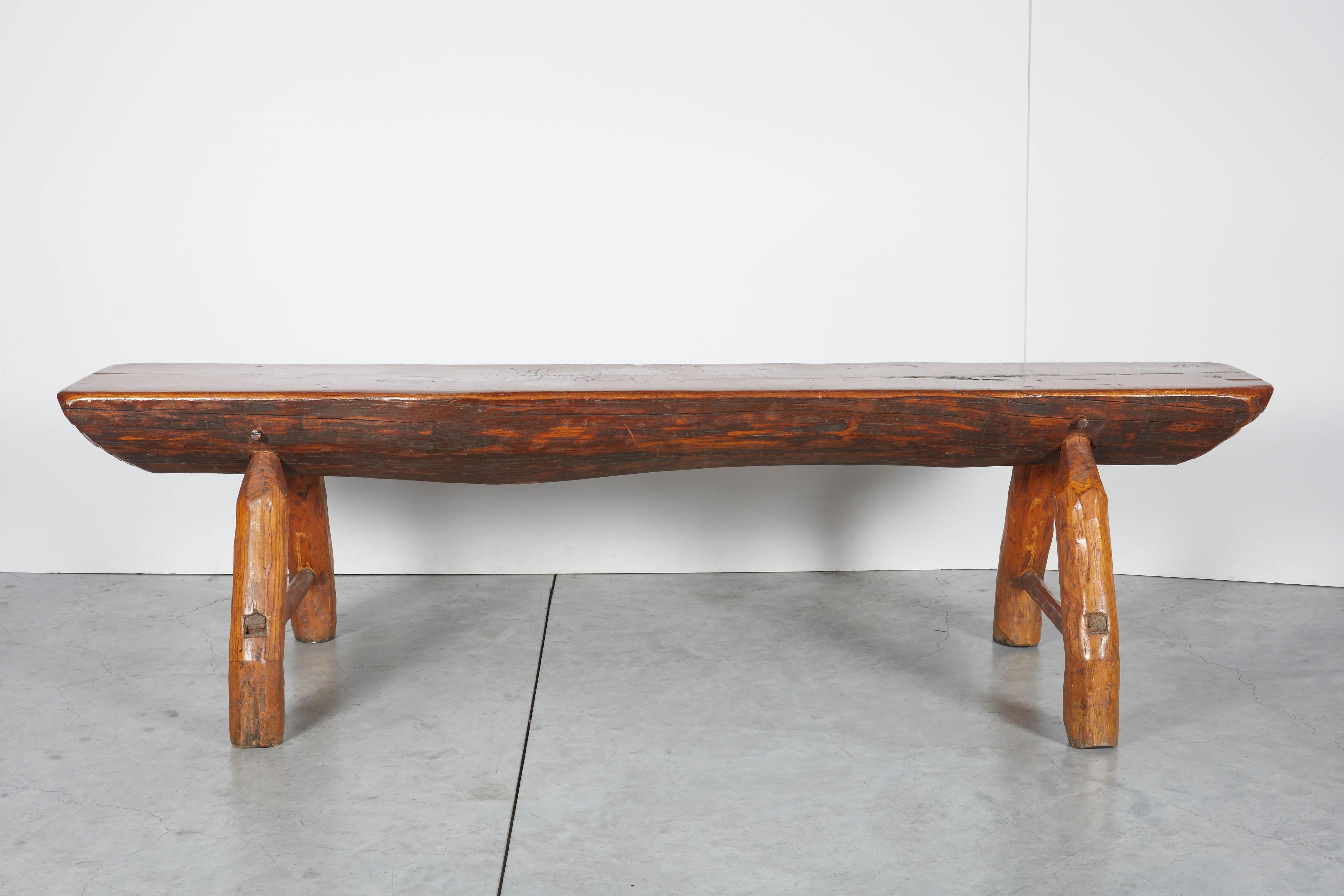 Antique Adirondack Bench with Very Thick Seat and Striking  Hand Hewn Legs For Sale 5