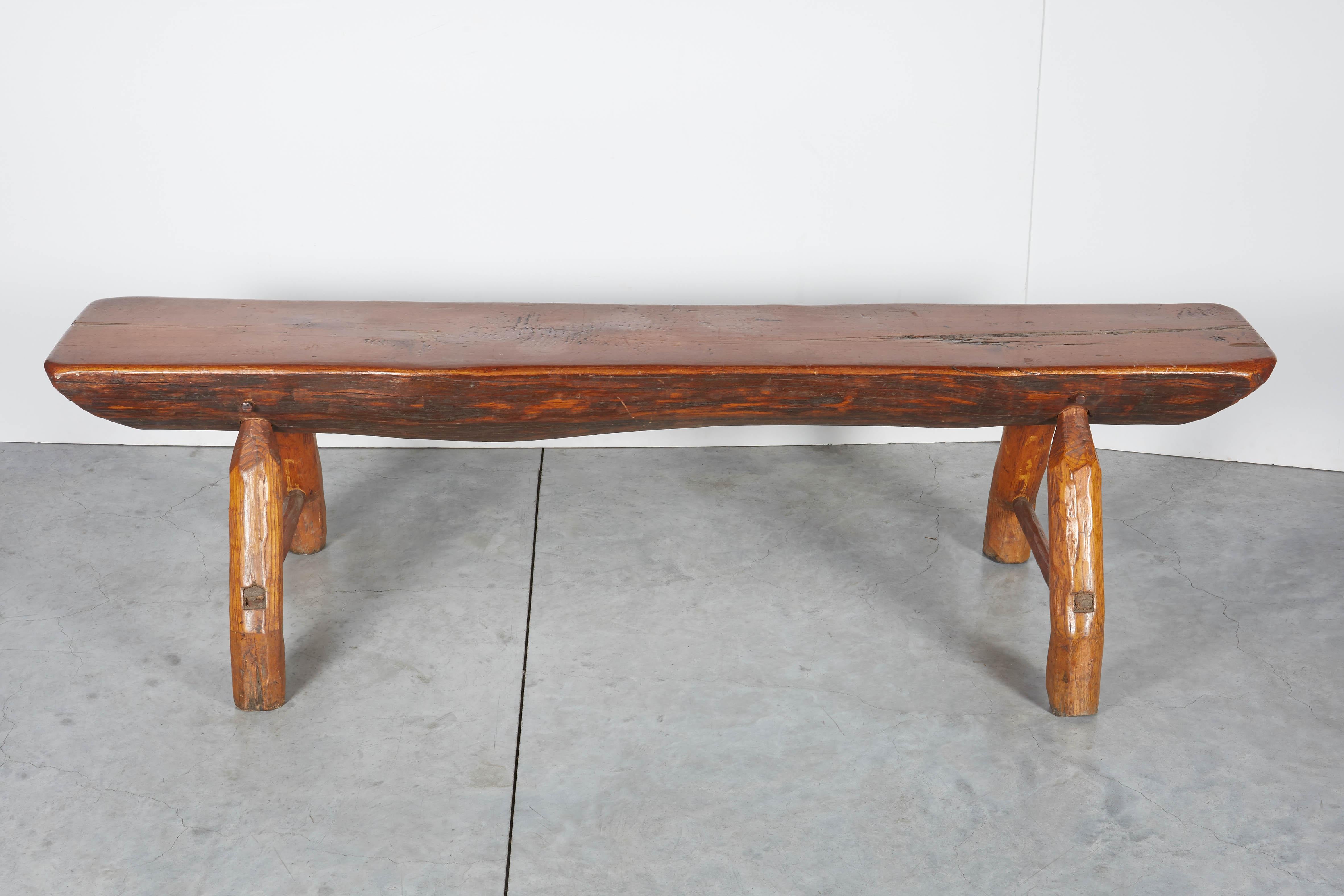 Antique Adirondack Bench with Very Thick Seat and Striking  Hand Hewn Legs 6
