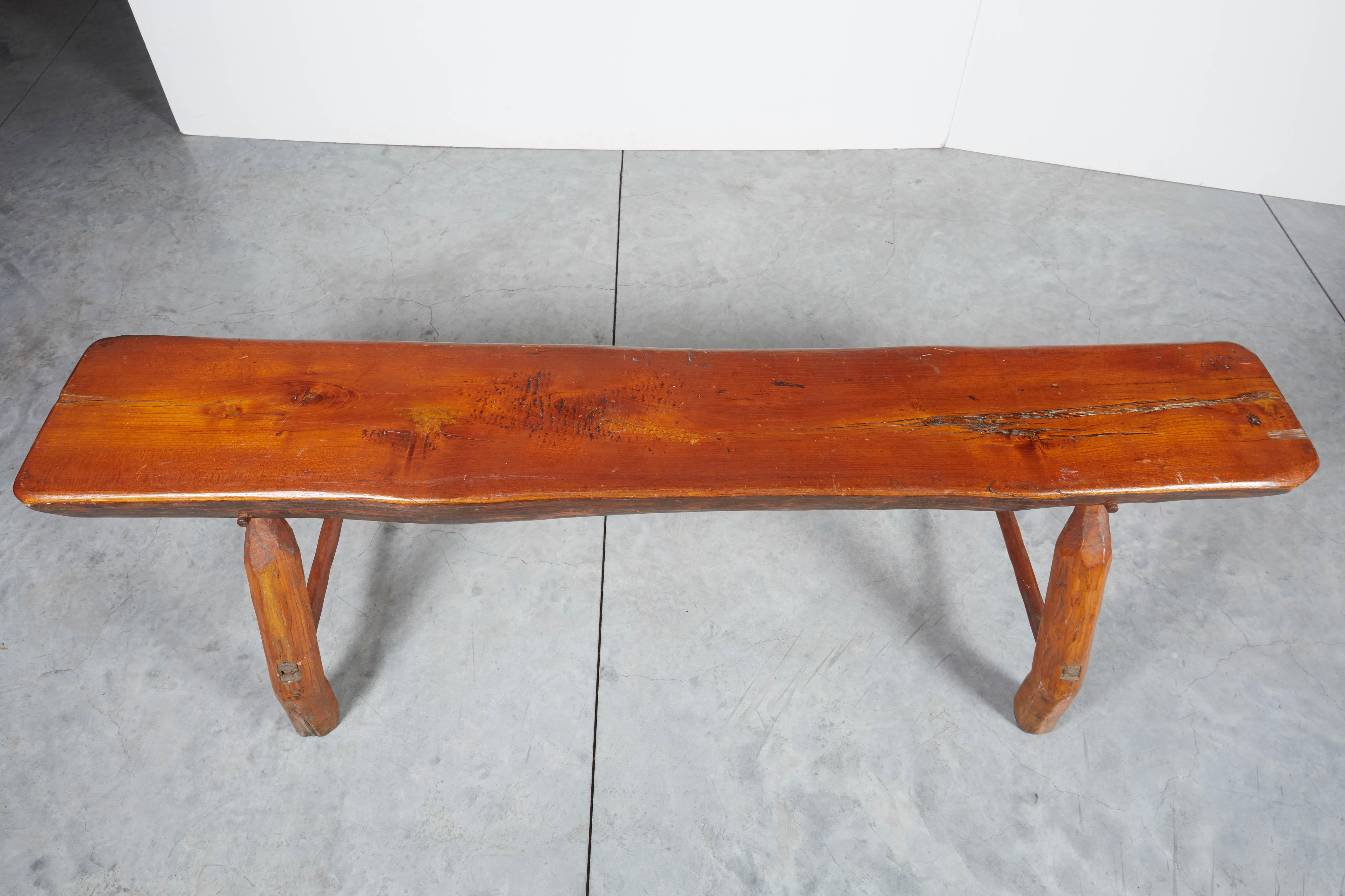 Antique Adirondack Bench with Very Thick Seat and Striking  Hand Hewn Legs For Sale 8