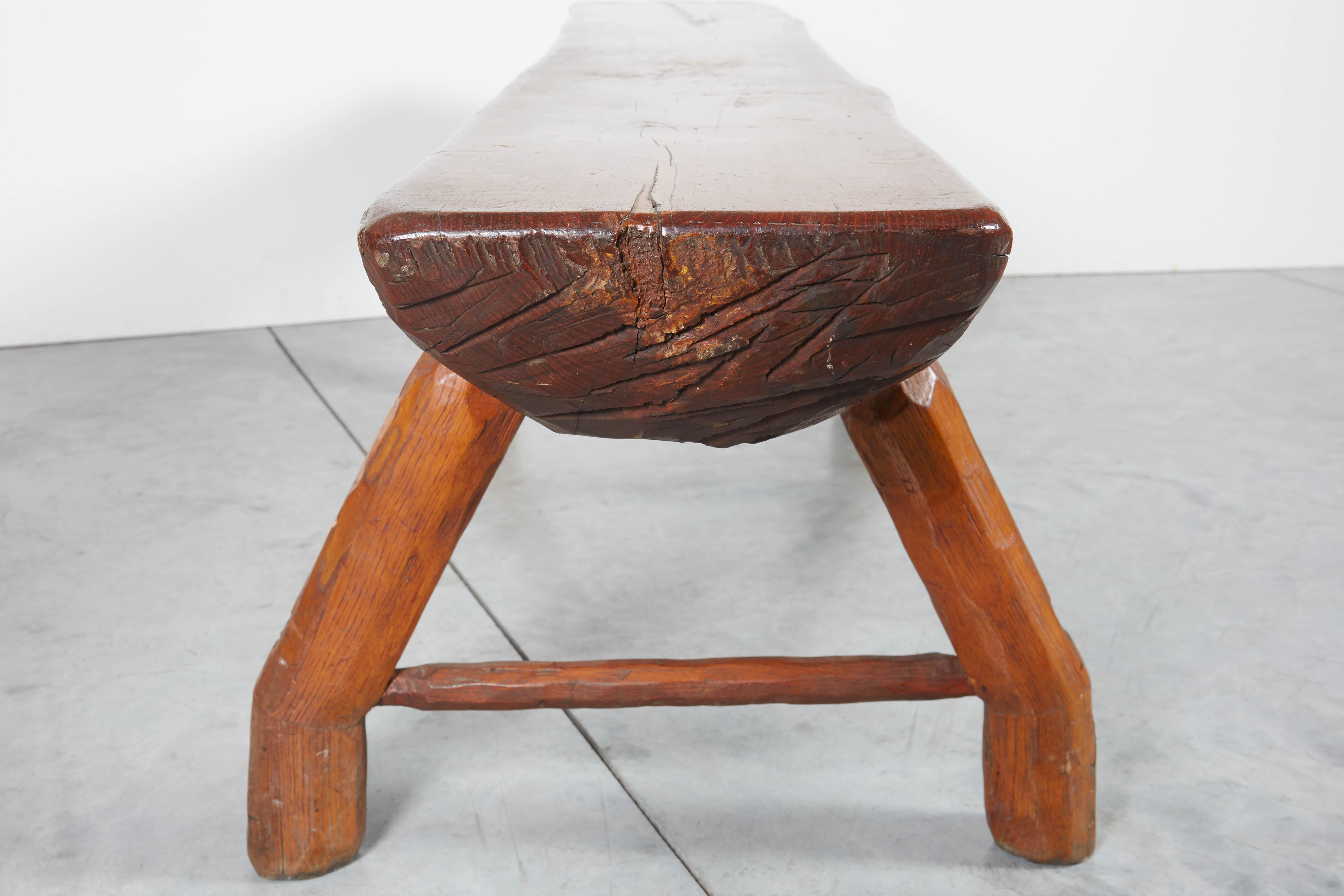Antique Adirondack Bench with Very Thick Seat and Striking  Hand Hewn Legs For Sale 10