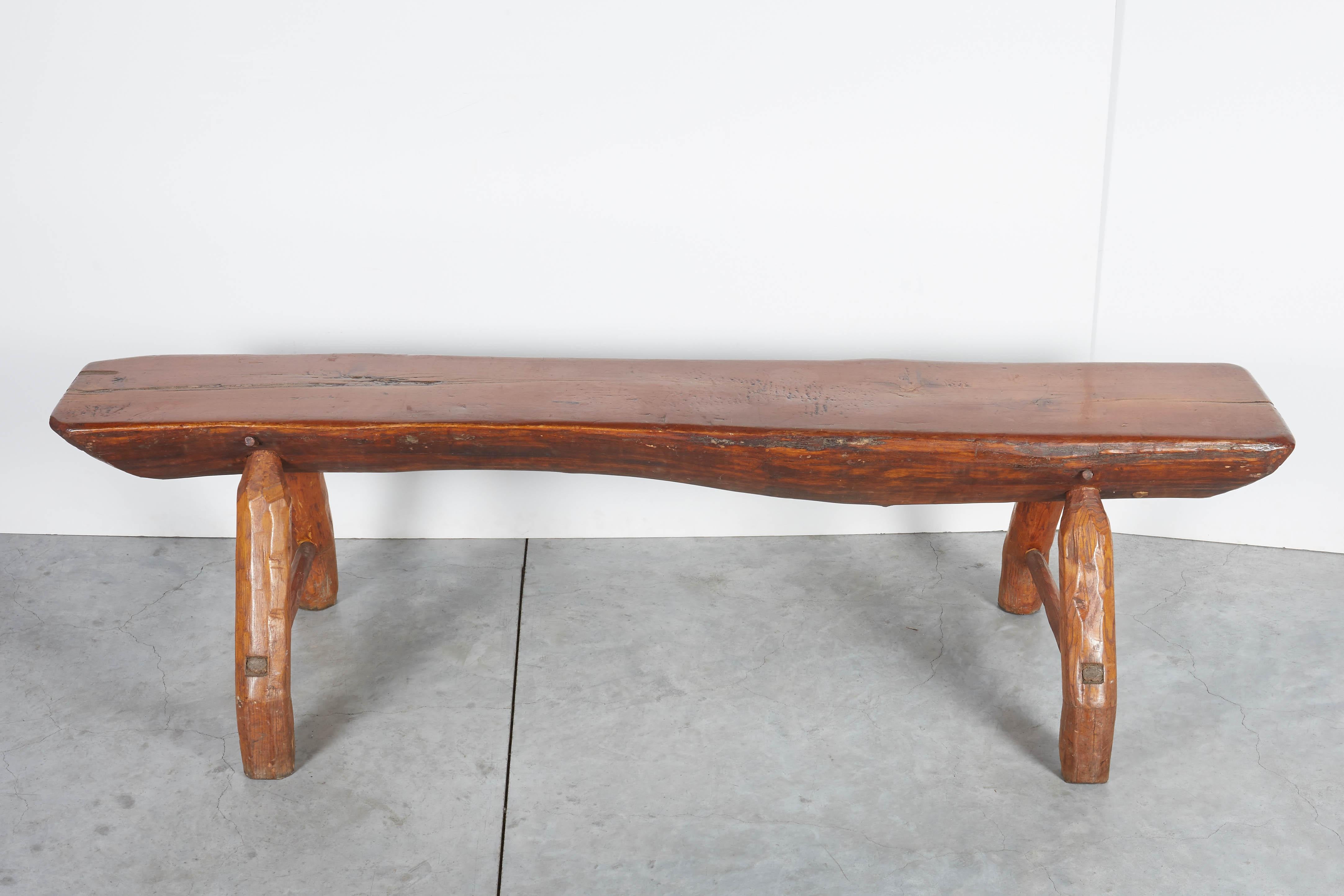 American Antique Adirondack Bench with Very Thick Seat and Striking  Hand Hewn Legs For Sale