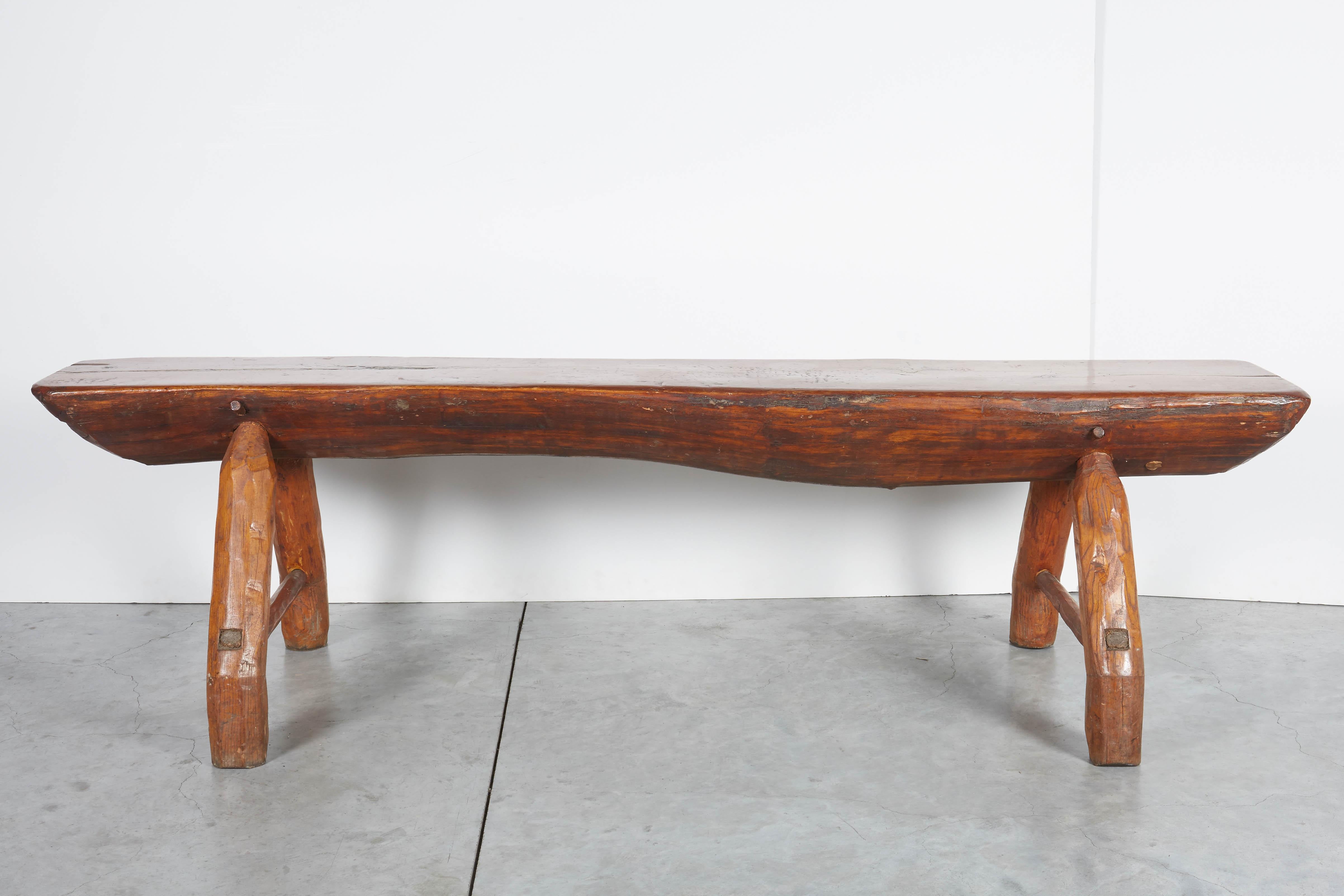 Antique Adirondack Bench with Very Thick Seat and Striking  Hand Hewn Legs In Good Condition For Sale In New York, NY