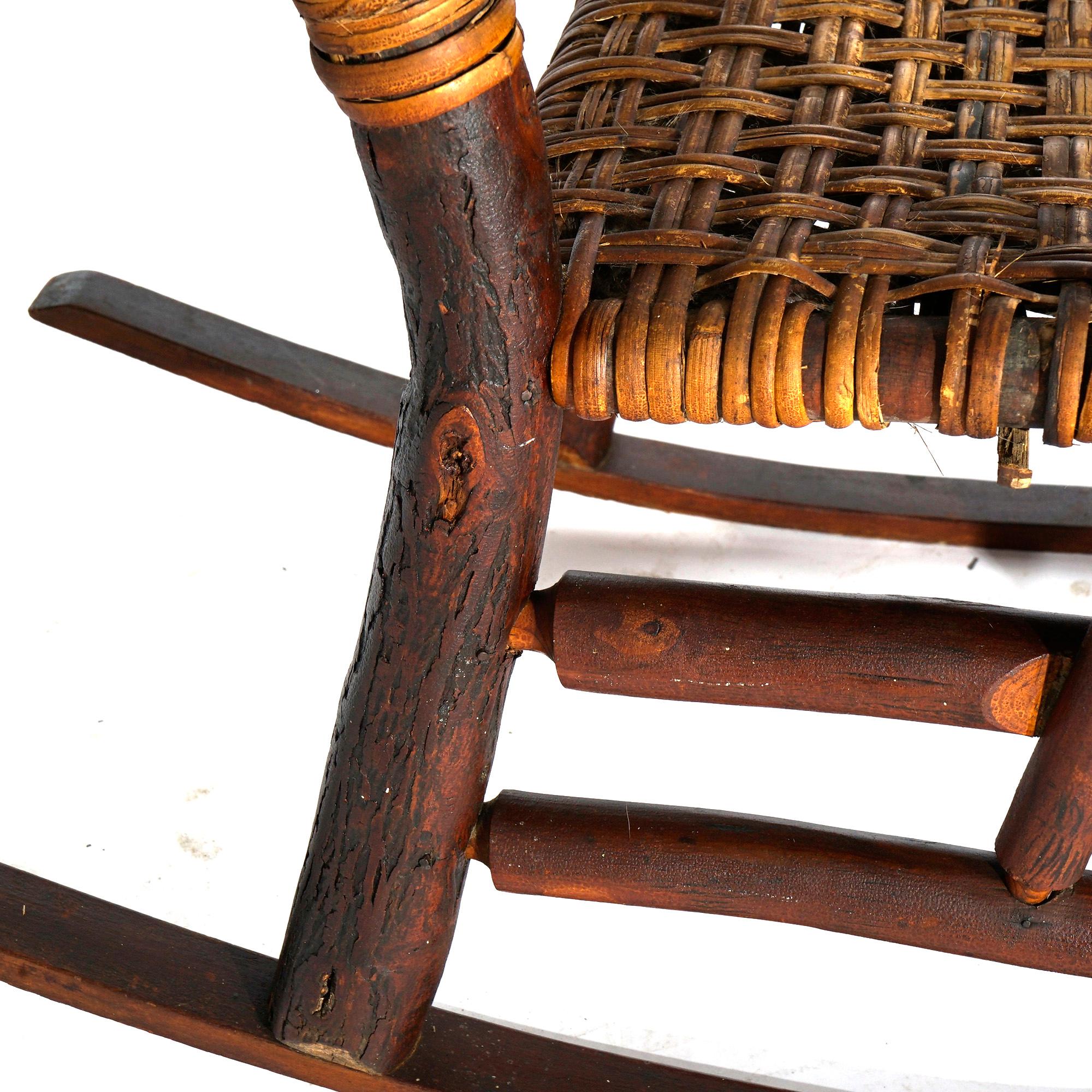 Antique Adirondack Old Hickory Oversized Stick Form & Rush Rocker & Chair, C1920 11