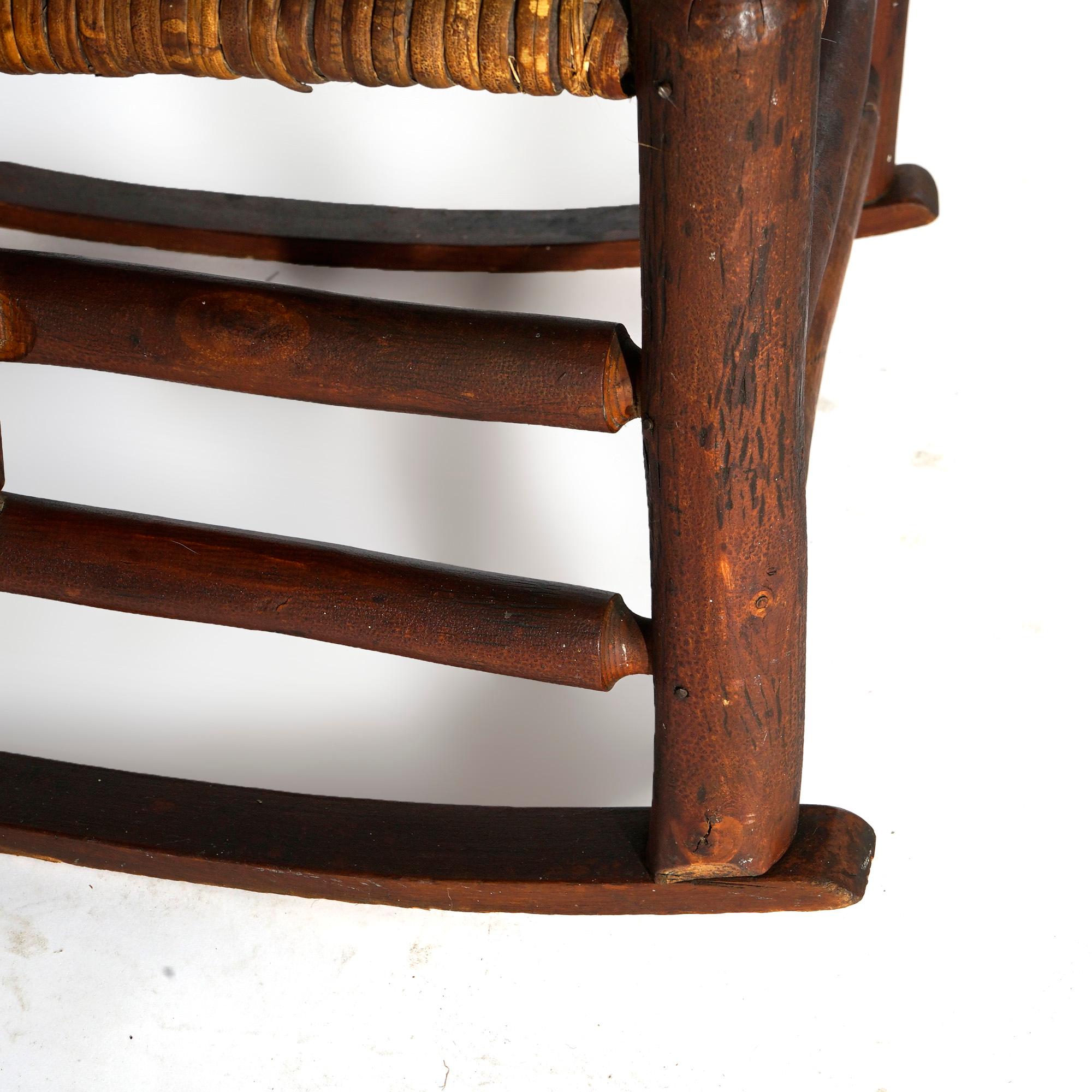 Antique Adirondack Old Hickory Oversized Stick Form & Rush Rocker & Chair, C1920 12