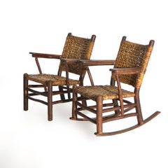Antique Adirondack Old Hickory Oversized Stick Form & Rush Rocker & Chair, C1920