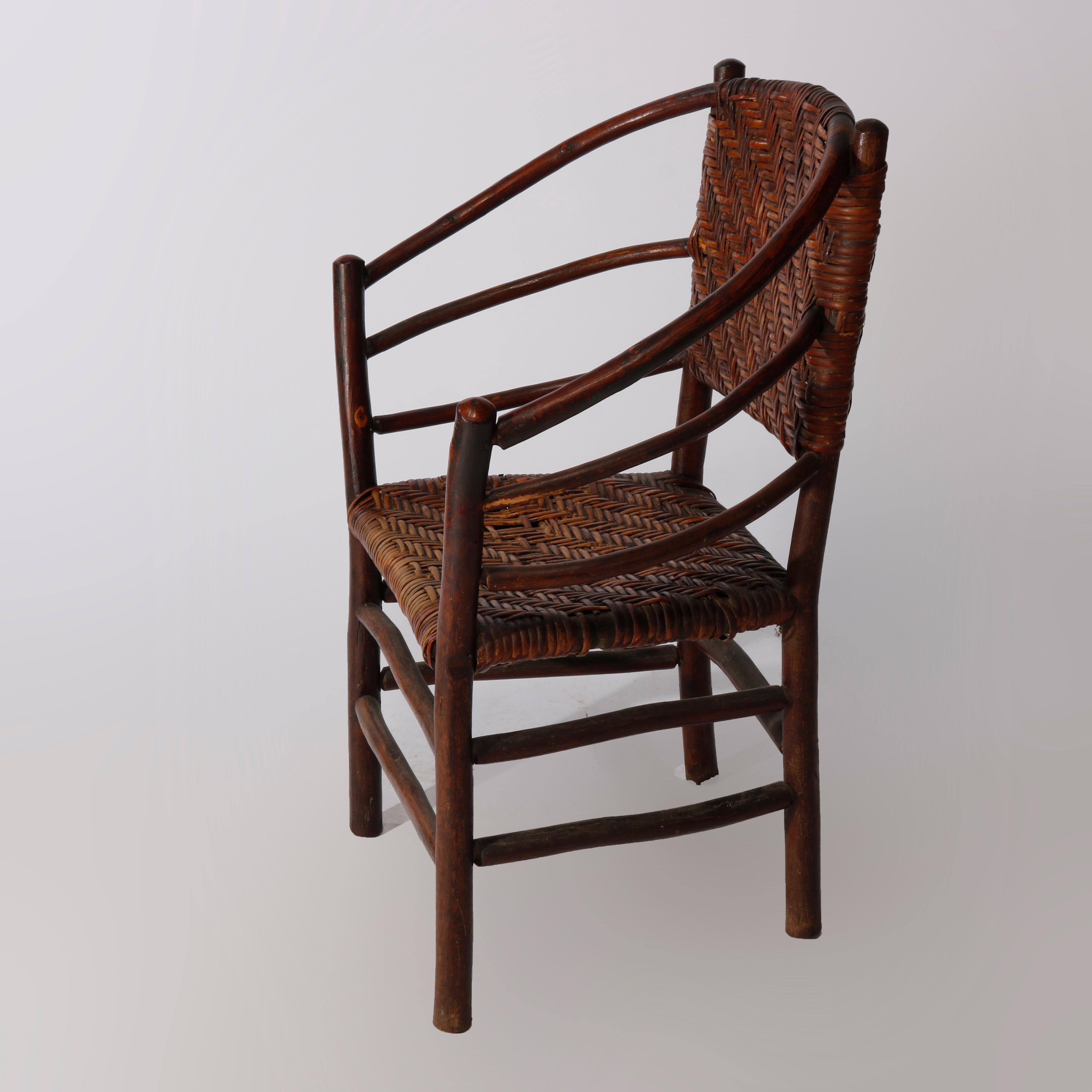 Antique Adirondack Old Hickory Stick Form Barrel Back Armchair, C 1910, Signed In Good Condition In Big Flats, NY