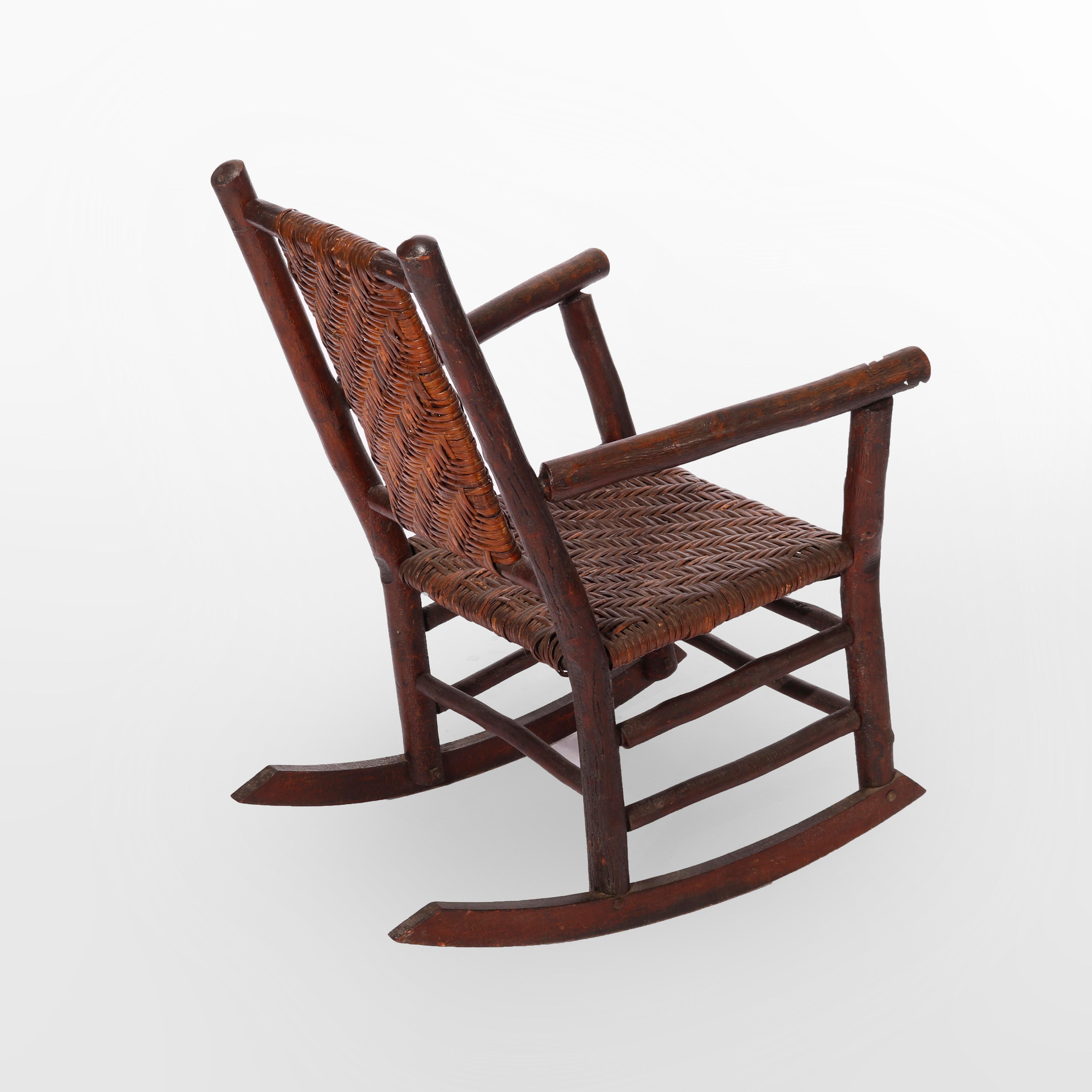 Antique Adirondack Old Hickory Stick Form Rocking Chair, circa 1910, Signed In Good Condition In Big Flats, NY