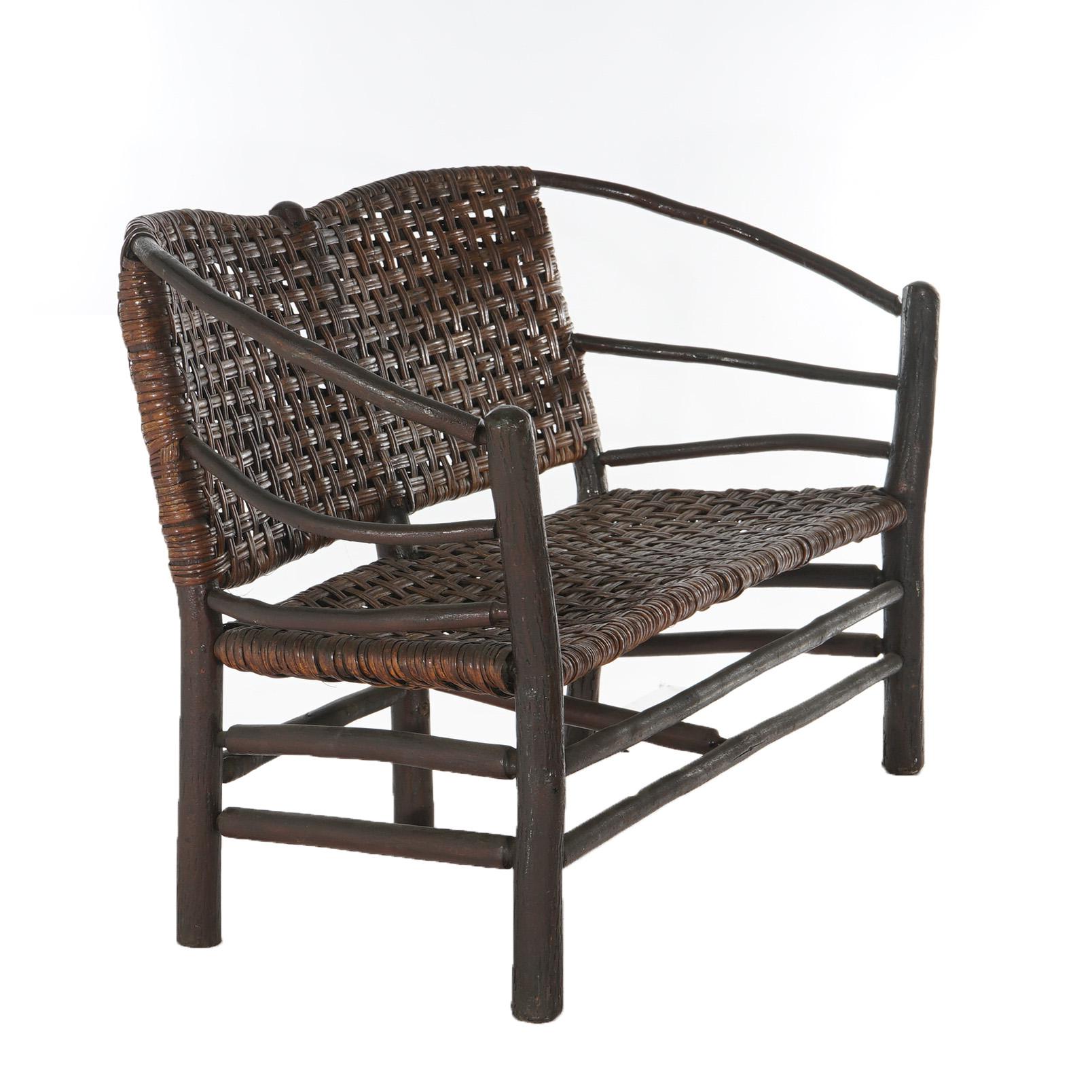 Antique Adirondack Old Hickory Stick Form & Splint Settee C1920 In Good Condition For Sale In Big Flats, NY