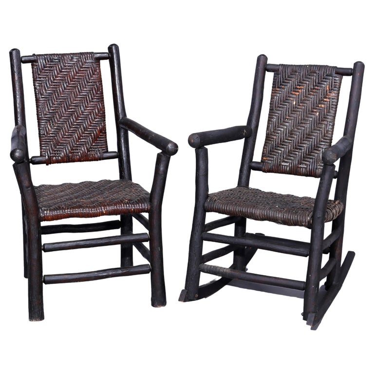 Antique Adirondack Old Hickory Style Stick and Reed Chairs and Rocker ...