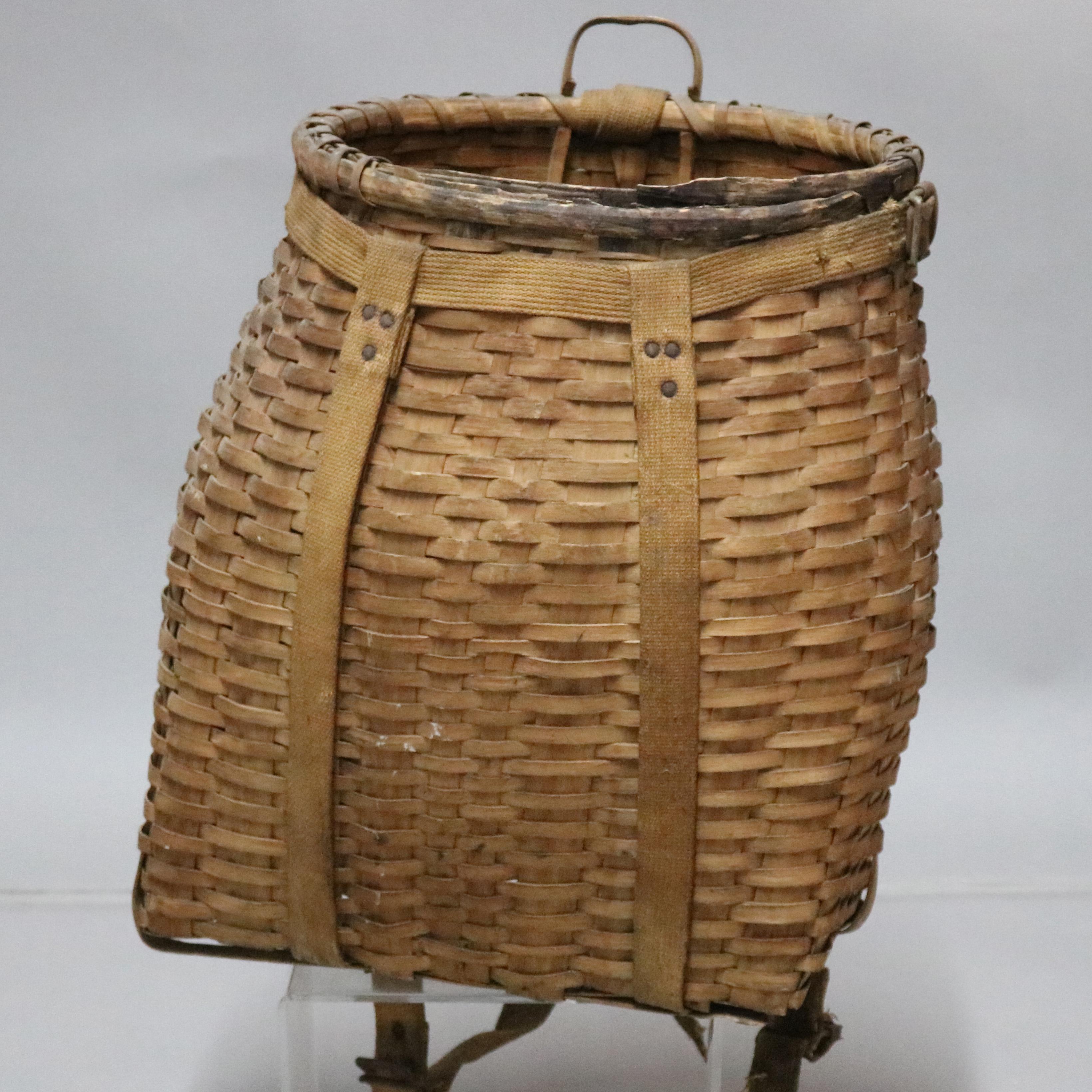 American Antique Adirondack Reed and Woven Ash Pack Basket, circa 1910