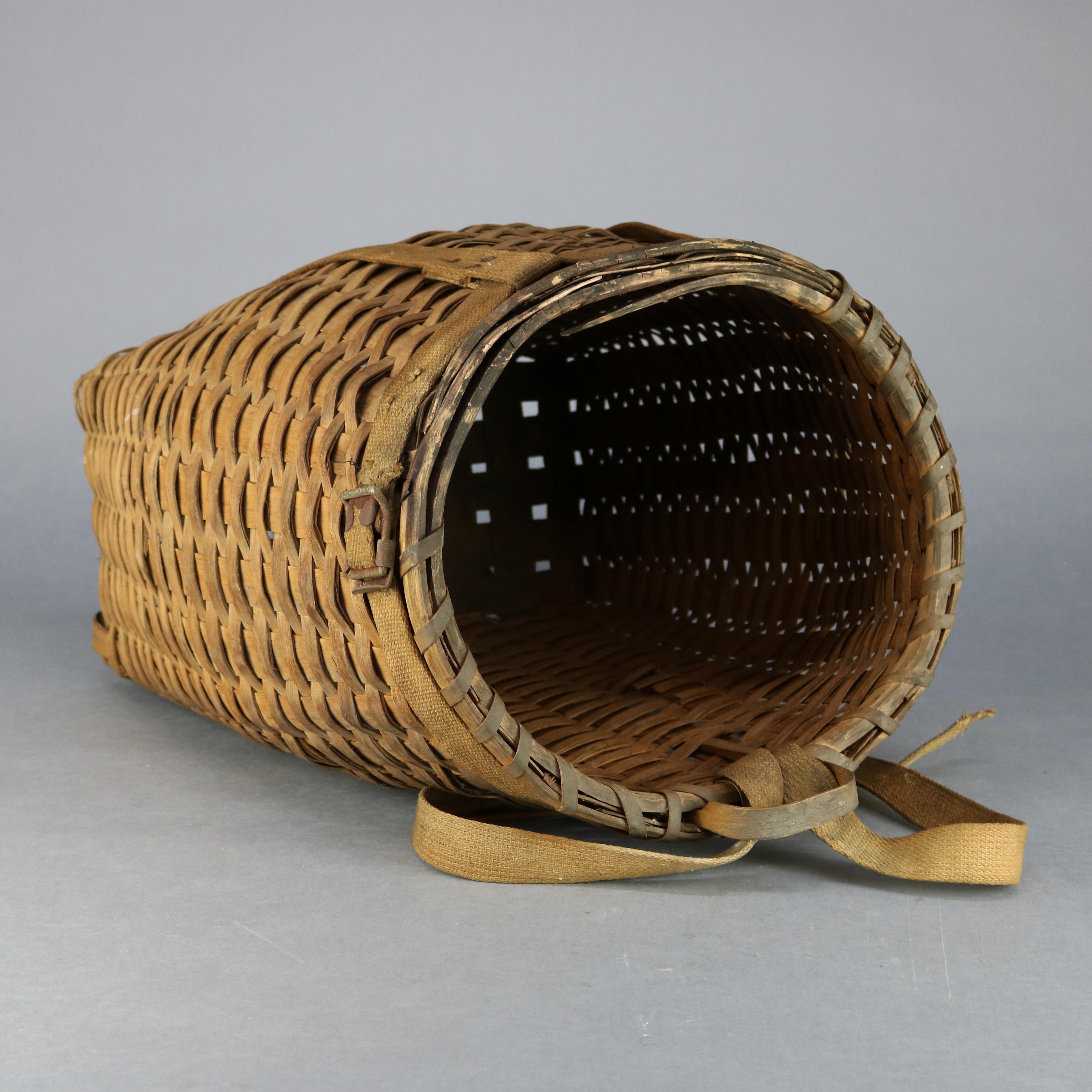 Hand-Woven Antique Adirondack Reed and Woven Ash Pack Basket, circa 1910